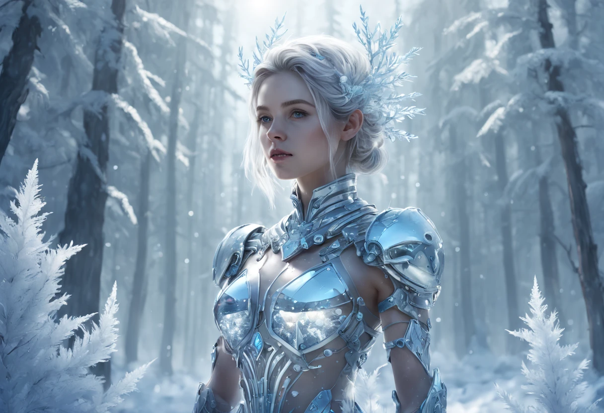 Futuristic transparent mechanical girl standing in a snowy forest, Arte conceitual de inverno, Snow and ice forest，Each branch is covered with sparkling ice crystals，They resemble countless diamonds，Shine brightly，The branches of the trees seem to be embedded in the snow and ice，A forest of ice and snow was formed， These ice crystals are exposed to sunlight，glittery，It was as if all the stars in the sky had fallen to the earth，Ice Mage, 4K fantasy art, 4K detailed digital art, ·, 4k highly detailed digital art, artgerm detailed, Ice crystal armor，dyna，lute，hdr，hyperrealistic fantasy art，Epic digital fantasy art style，Beautiful sci-fi art, Science-fi digital art illustration,science fiction digital painting, futuristic digital painting, futuristic concept art, In front of a landscape of snow-capped sci-fi pine trees and ice flowers, science fiction digital art, Fantastic transparent ethereal girl