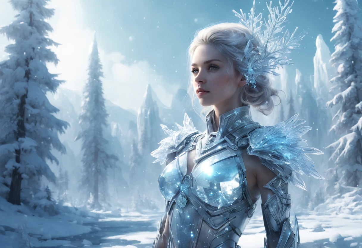 Futuristic transparent mechanical girl standing in a snowy forest, Arte conceitual de inverno, Snow and ice forest,Each branch is covered with sparkling ice crystals,They resemble countless diamonds,Shine brightly,The branches of the trees seem to be embedded in the snow and ice,A forest of ice and snow was formed, These ice crystals are exposed to sunlight,glittery,It was as if all the stars in the sky had fallen to the earth,Ice Mage, 4K fantasy art, 4K detailed digital art, ·, 4k highly detailed digital art, artgerm detailed, Ice crystal armor,dyna,lute,hdr,hyperrealistic fantasy art,Epic digital fantasy art style,Beautiful sci-fi art, Science-fi digital art illustration,science fiction digital painting, futuristic digital painting, futuristic concept art, In front of a landscape of snow-capped sci-fi pine trees and ice flowers, science fiction digital art, Fantastic transparent ethereal girl