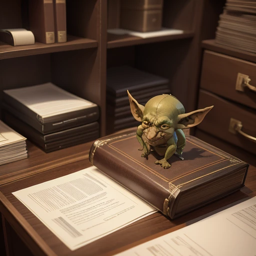 Office cabinet, Sitting at tables with papers and documents of an adult goblin boss. Chief's Office. Looking at the camera. higly detailed. Top Quality.