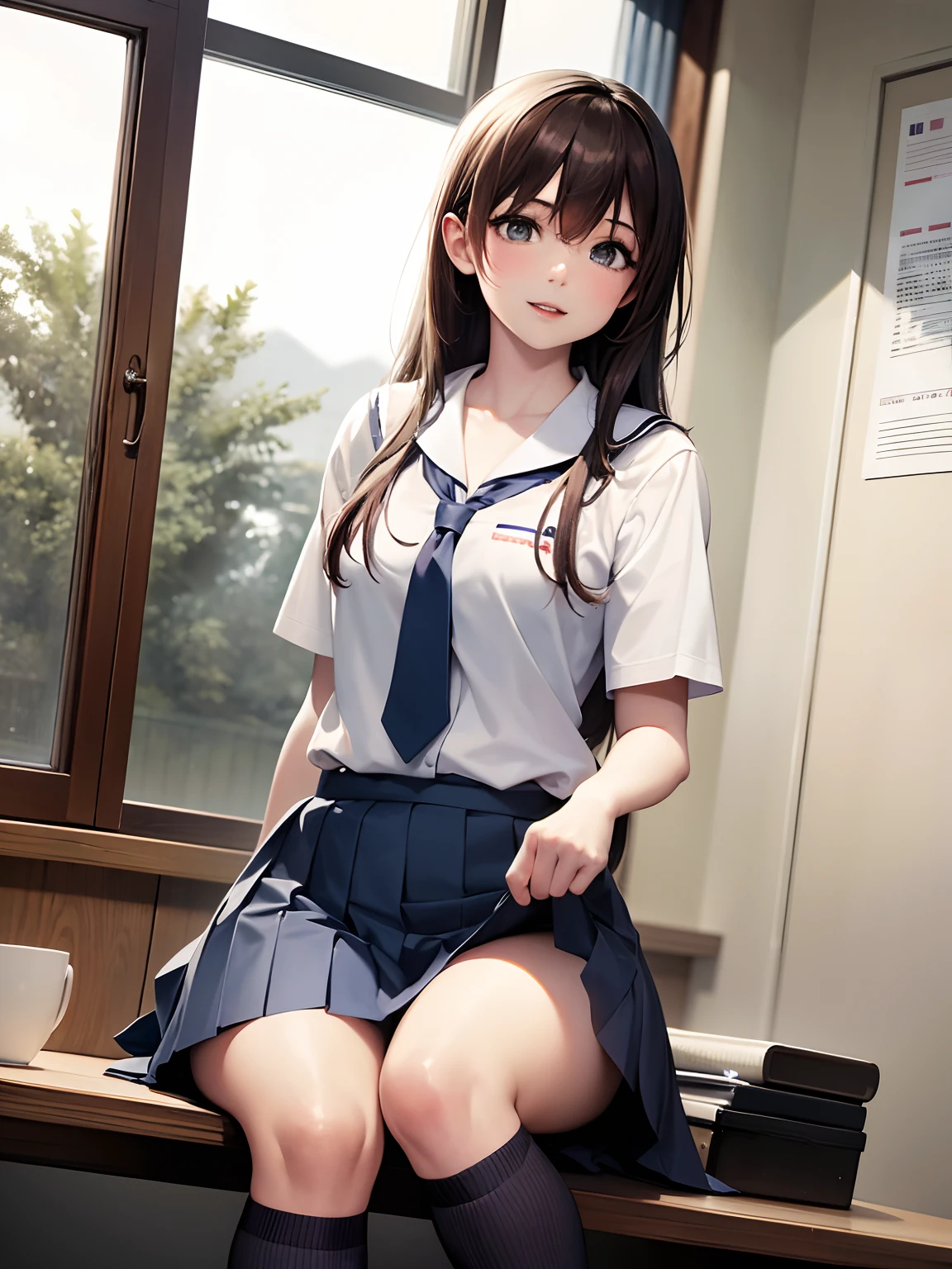 there is a woman in a skirt and tie posing for a picture, a hyperrealistic schoolgirl, a hyperrealistic schoolgirl, Cute Schoolgirl, Realistic Schoolgirl, sakimichan, School Girl, Japan school uniform, of a schoolgirl posing, a japanese girl, dressed as schoolgirl, Japanese Models, wearing japanese school uniform, thighhighs and skirt