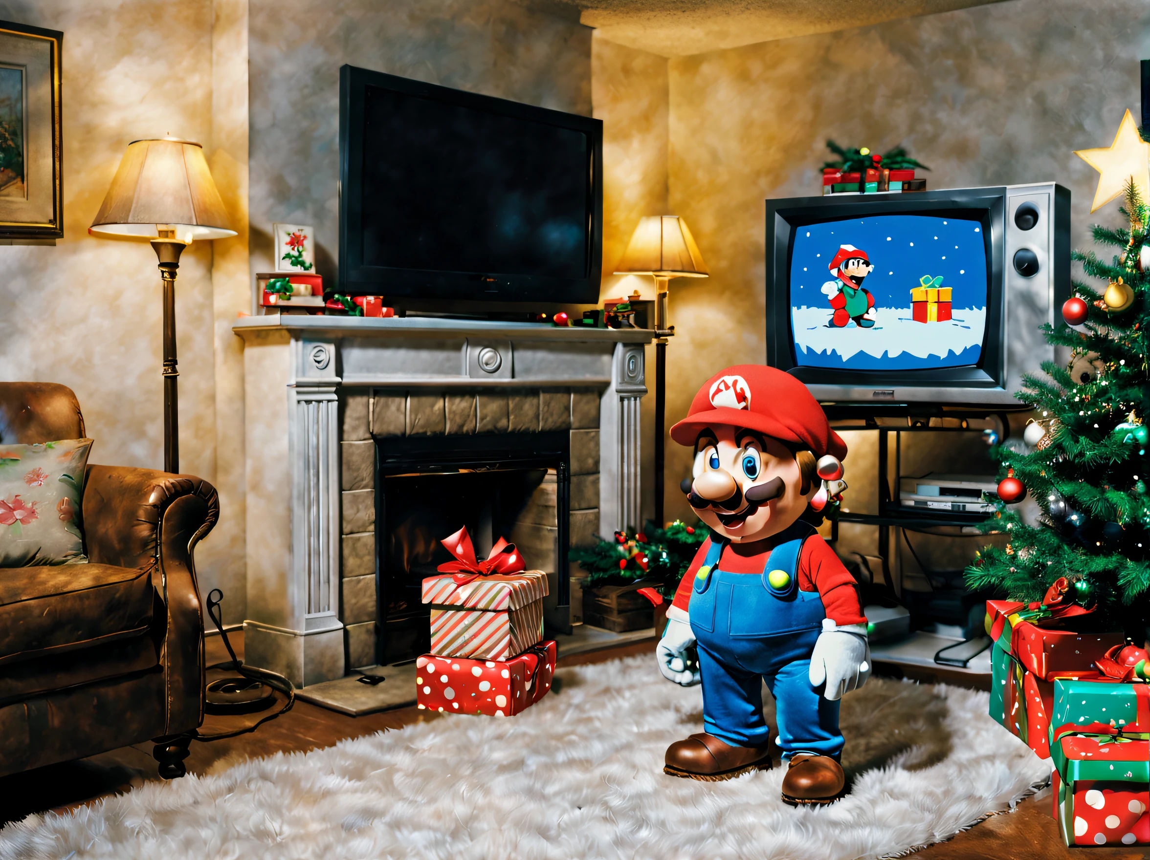 smb artstyle, celebrating christmas in a suburban Orgegon house, christmas tree, dim lighting, unwrapped presents, 1988. Nintendio game on the television.