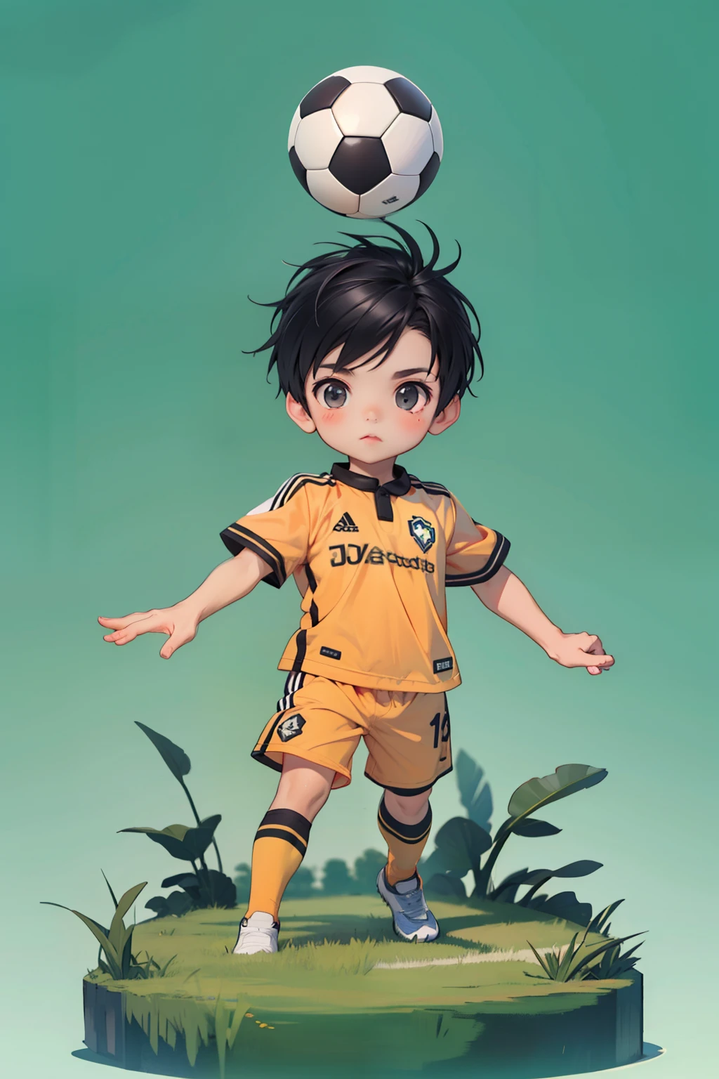 full body, chibi, cute, 1boy, (masterpiece),(best quality),(ultra-detailed), (full body:1.2), short black hair. A boy playing soccer, soccer ball