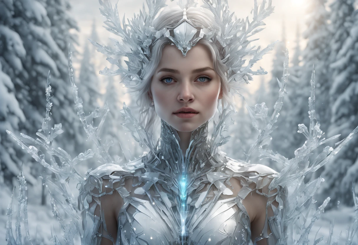 Futuristic transparent mechanical girl standing in a snowy forest, Arte conceitual de inverno, Snow and ice forest，Each branch is covered with sparkling ice crystals，They resemble countless diamonds，Shine brightly，The branches of the trees seem to be embedded in the snow and ice，A forest of ice and snow was formed， These ice crystals are exposed to sunlight，glittery，It was as if all the stars in the sky had fallen to the earth，Ice Mage, 4K fantasy art, 4K detailed digital art, ·, 4k highly detailed digital art, artgerm detailed, Ice crystal armor，dyna，lute，hdr，hyperrealistic fantasy art，Epic digital fantasy art style，Beautiful sci-fi art, Science-fi digital art illustration,science fiction digital painting, futuristic digital painting, futuristic concept art, In front of a landscape of snow-capped sci-fi pine trees and ice flowers, science fiction digital art, Fantastic transparent ethereal girl