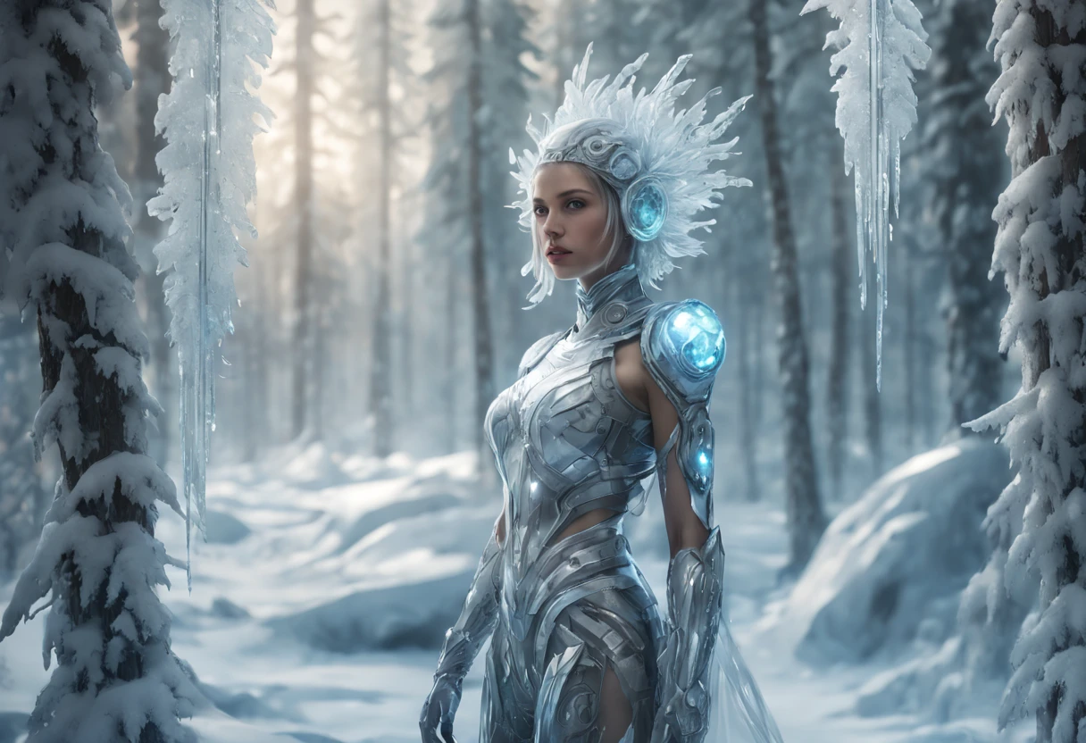 Futuristic transparent mechanical girl standing in a snowy forest, Arte conceitual de inverno, Snow and ice forest，Each branch is covered with sparkling ice crystals，They resemble countless diamonds，Shine brightly，The branches of the trees seem to be embedded in the snow and ice，A forest of ice and snow was formed， These ice crystals are exposed to sunlight，glittery，It was as if all the stars in the sky had fallen to the earth，Ice Mage, 4K fantasy art, 4K detailed digital art, ·, 4k highly detailed digital art, artgerm detailed, Ice crystal armor，dyna，lute，hdr，hyperrealistic fantasy art，Epic digital fantasy art style，Beautiful sci-fi art, Science-fi digital art illustration,science fiction digital painting, futuristic digital painting, futuristic concept art, In front of a landscape of snow-capped sci-fi pine trees and ice flowers, science fiction digital art, Fantastic transparent ethereal girl