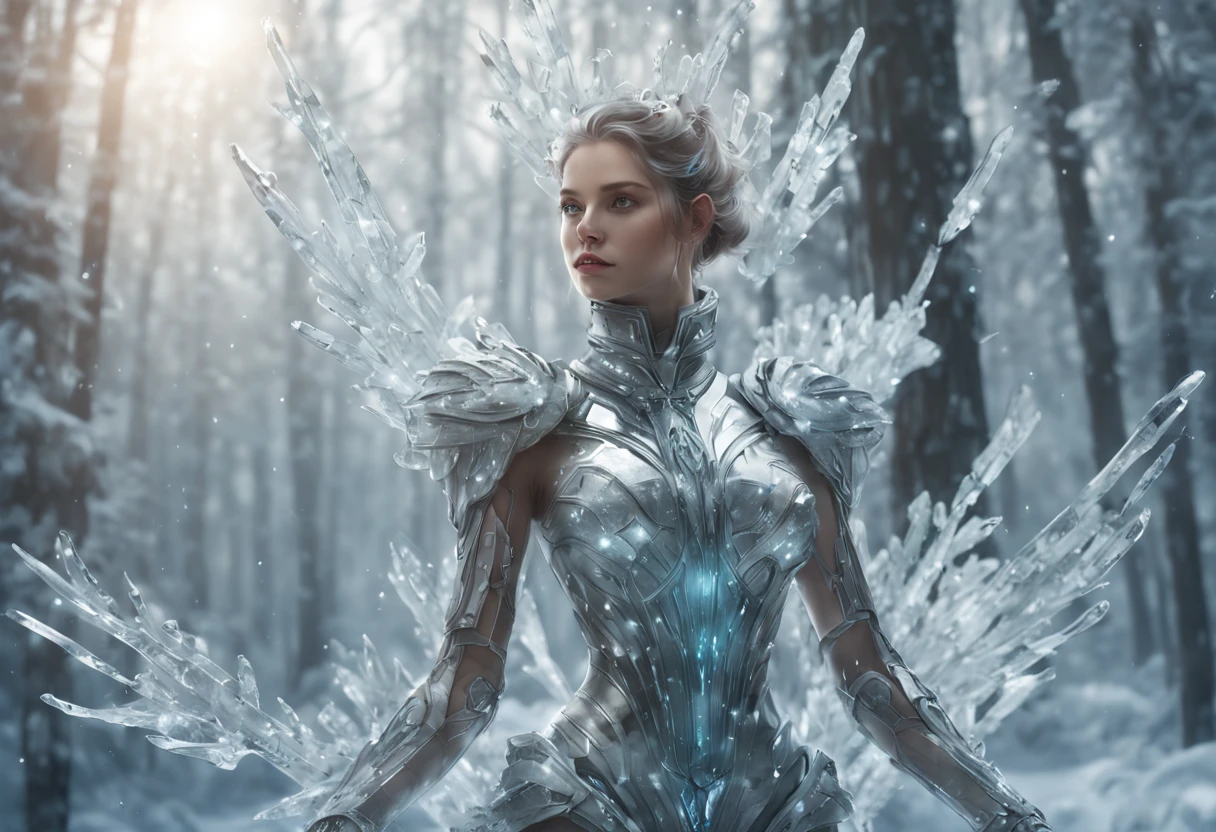 Futuristic transparent mechanical girl standing in a snowy forest, Arte conceitual de inverno, Snow and ice forest,Each branch is covered with sparkling ice crystals,They resemble countless diamonds,Shine brightly,The branches of the trees seem to be embedded in the snow and ice,A forest of ice and snow was formed, These ice crystals are exposed to sunlight,glittery,It was as if all the stars in the sky had fallen to the earth,Ice Mage, 4K fantasy art, 4K detailed digital art, ·, 4k highly detailed digital art, artgerm detailed, Ice crystal armor,dyna,lute,hdr,hyperrealistic fantasy art,Epic digital fantasy art style,Beautiful sci-fi art, Science-fi digital art illustration,science fiction digital painting, futuristic digital painting, futuristic concept art, In front of a landscape of snow-capped sci-fi pine trees and ice flowers, science fiction digital art, Fantastic transparent ethereal girl