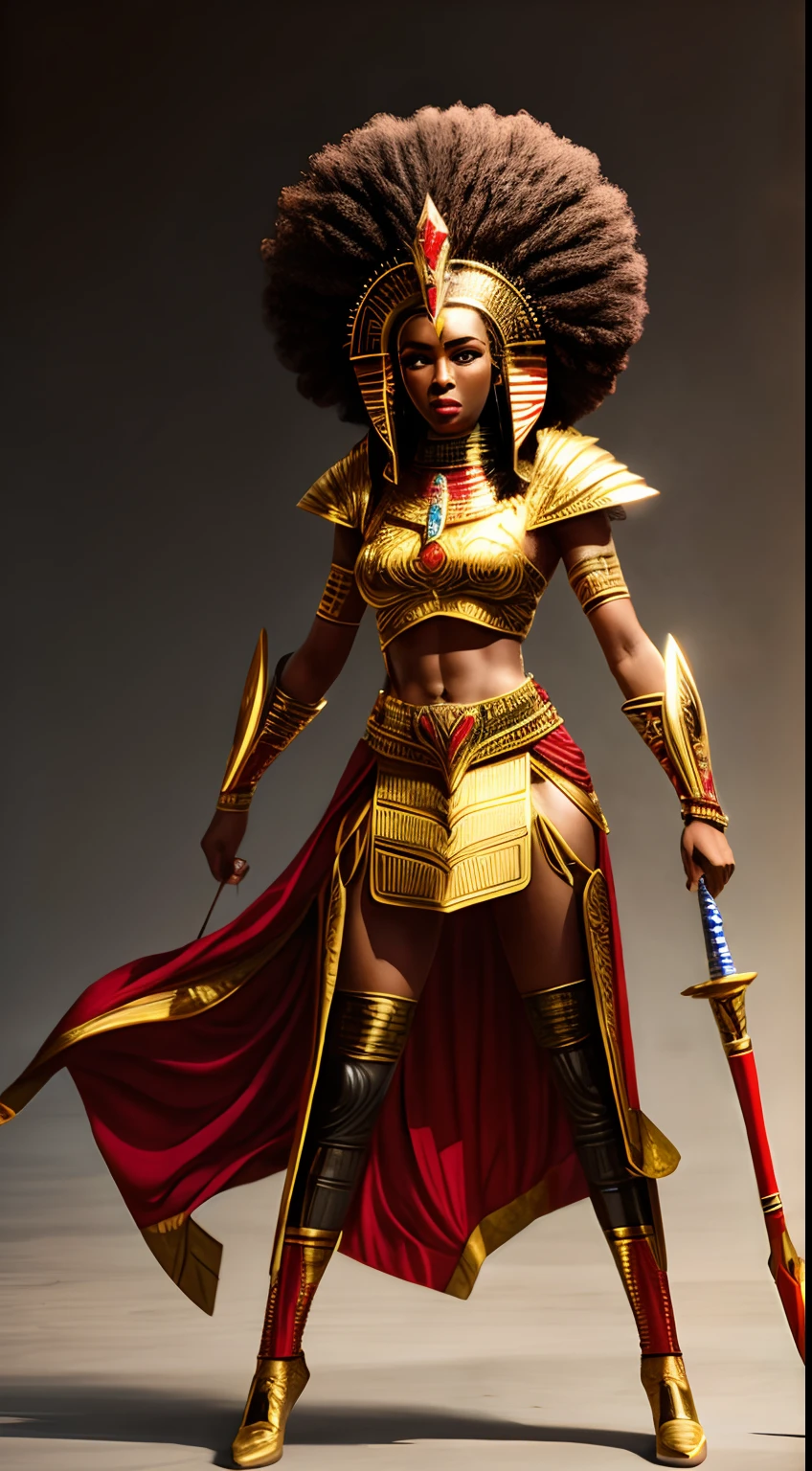 Afrofuturistic African warrior queen in second skin costume imitating armor in mirrored pieces with Egyptian design and similar crown of nefertiti