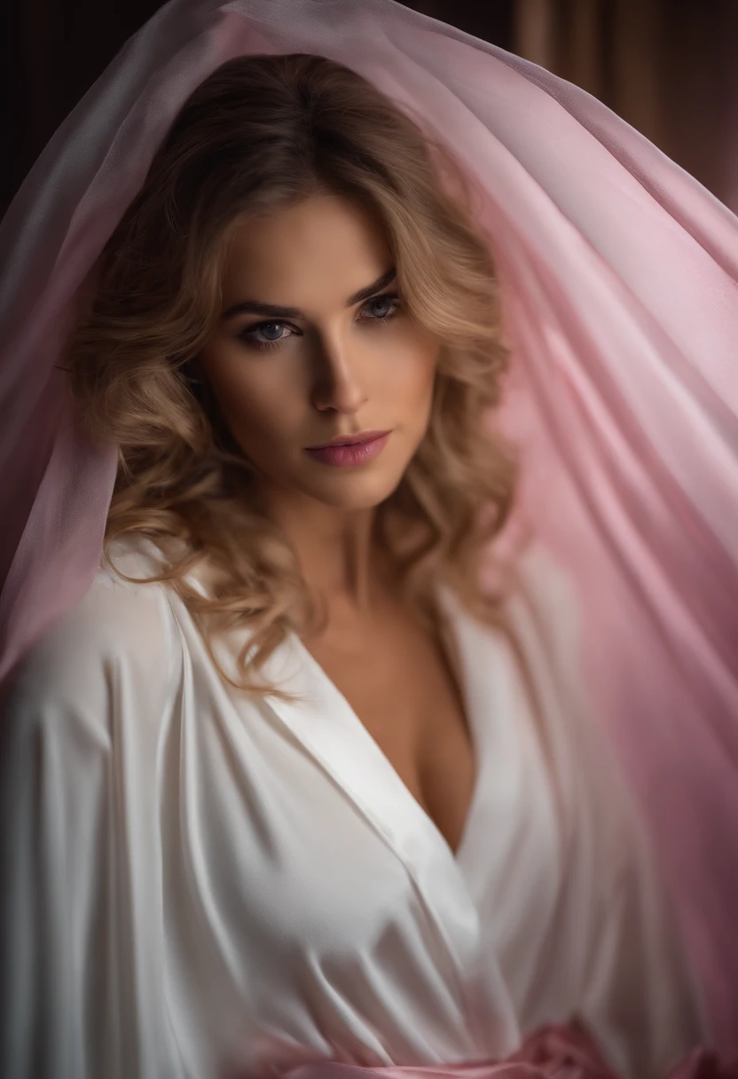 Mujer joven y sexy, cabello largo rubio, Acostado en la cama, cabello recogido, with a half-transparent white robe, Retrato suave disparado 8K, 8k sensual lighting, realistic soft lighting, Piel lisa y rosada, Fotorrealismo 8K