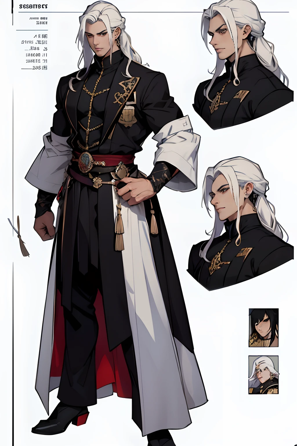 1 male, 独奏, Fair-skinned man, male, Black Eyes, white colored hair, Long hair, Anime style, 4K Image, full - body, Dark background, Character Sheet, handsome male. a perfect face, Male 6'5' tall. black hair. Long hair. red-eyes. earings, Character design sheet,full bodyesbian, Full of Details, Front view of the body, Waist-high view, full - body, Clothing with precious stones, long clothes, ((Masterpiece, Highest Quality)), Detailed Face, Character design sheet, full bodyesbian, Full of Details, frontal view, Highly detailed, depth, 4K Detailed Face, calm expression on his face