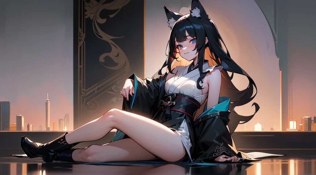 (extremely detailed CG unity 8k wallpaper), (((ultra-detailed))), ((extremely detailed)), (((best illustration))), best illumination, ((extremely delicate and beautiful)), ((an extremely delicate and beautiful girl)), sunset, Tokyo, modern city, ((1 girl, solo)), {{finely detailed beautiful eyes and detailed face}}, smug expression, smile, long hair, (((black hair))), blue eyes, beautiful detailed eyes, slender, medium breast, black white wolf ears, (black white wolf tail), (((intricate details))), (Black long kimono dress), short black boots, wolf standing beside the girl, (((wolf mark on middle right thigh))), sitting, bishoujo, 16_years_old,