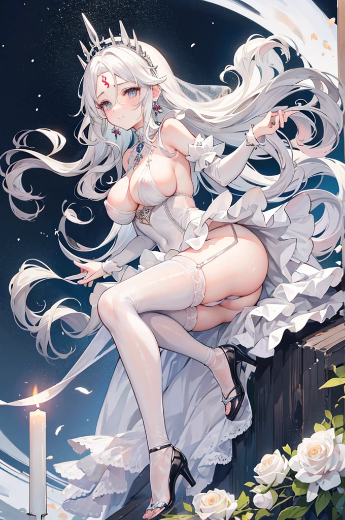 1 girl, white hair, wavy hair, very long hair, light gray eyes, small eyes, mature face, dropping eyes, big breasts, cameltoe, blurry background, erect nipples, black wedding dress, blush, tiara, feather, pepperoni nipples, ahes, fog, forest, veil, ((forehead)), earrings, white roses, pubic hair, skirt lift, panty shot, light smile, garter belt, high heel, tall statue, night, candle, see-through