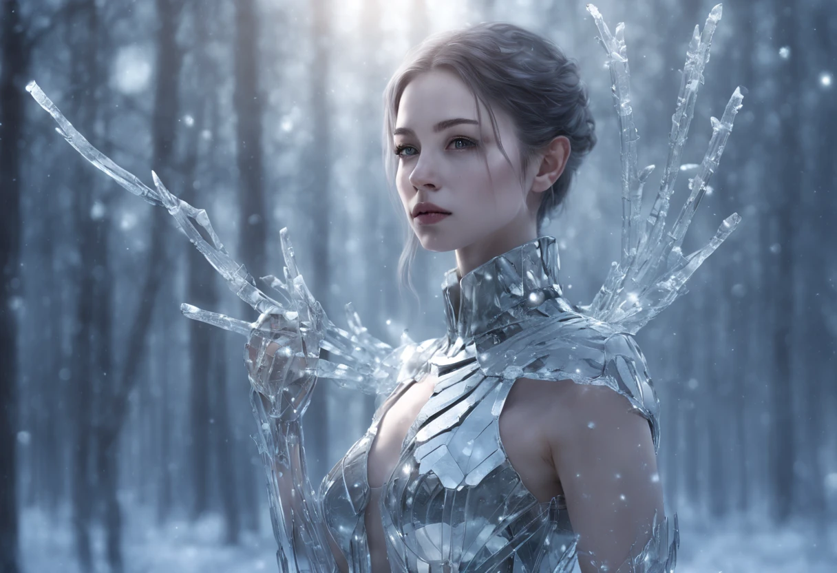 Futuristic transparent mechanical girl standing in a snowy forest, Arte conceitual de inverno, Snow and ice forest,Each branch is covered with sparkling ice crystals,They resemble countless diamonds,Shine brightly,The branches of the trees seem to be embedded in the snow and ice,A forest of ice and snow was formed, These ice crystals are exposed to sunlight,glittery,It was as if all the stars in the sky had fallen to the earth,Ice Mage, 4K fantasy art, 4K detailed digital art, ·, 4k highly detailed digital art, artgerm detailed, Ice crystal armor,dyna,lute,hdr,hyperrealistic fantasy art,Epic digital fantasy art style,Beautiful sci-fi art, Science-fi digital art illustration,science fiction digital painting, futuristic digital painting, futuristic concept art, In front of a landscape of snow-capped sci-fi pine trees and ice flowers, science fiction digital art, Fantastic transparent ethereal girl
