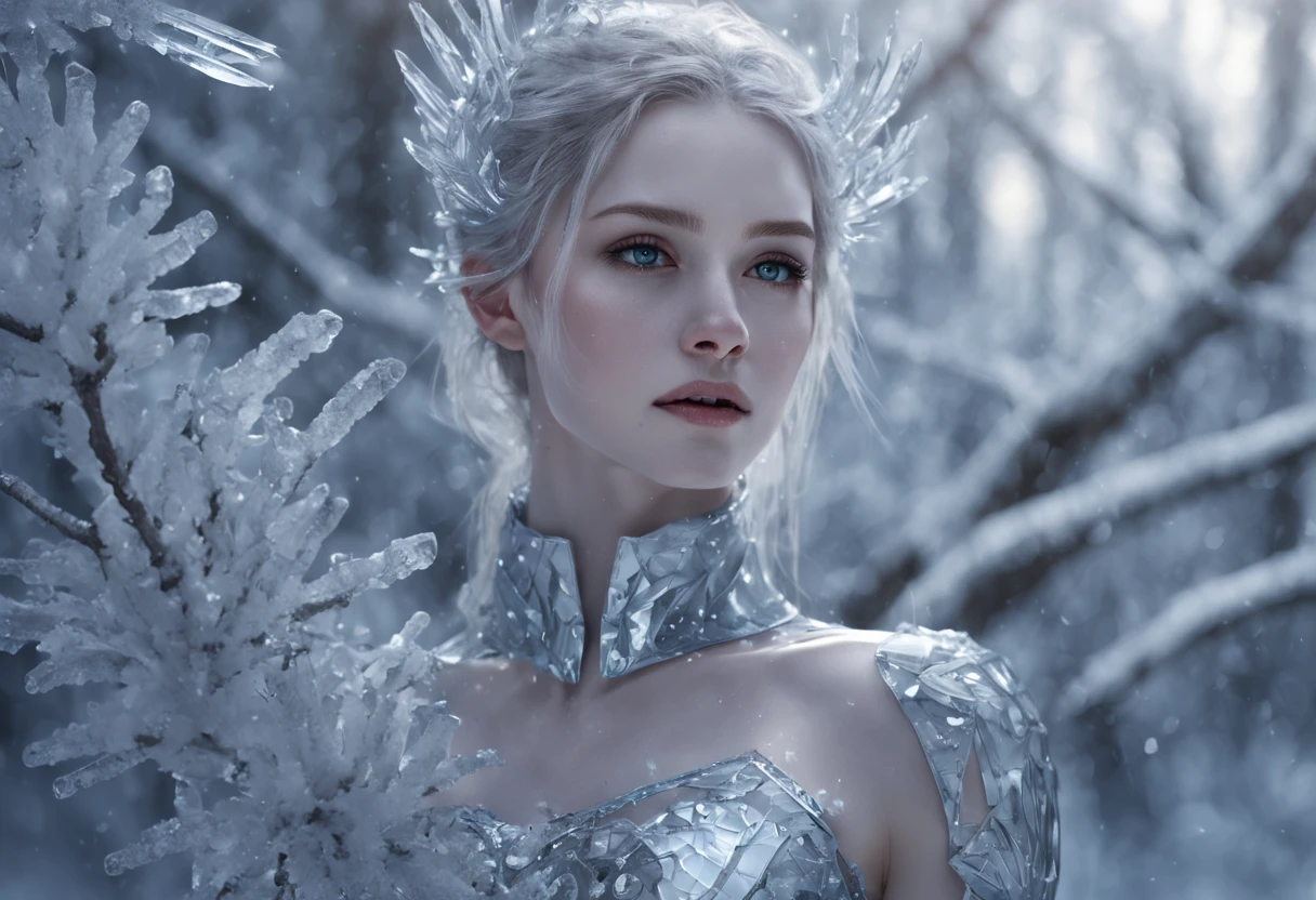 Futuristic transparent mechanical girl standing in a snowy forest, Arte conceitual de inverno, Snow and ice forest,Each branch is covered with sparkling ice crystals,They resemble countless diamonds,Shine brightly,The branches of the trees seem to be embedded in the snow and ice,A forest of ice and snow was formed, These ice crystals are exposed to sunlight,glittery,It was as if all the stars in the sky had fallen to the earth,Ice Mage, 4K fantasy art, 4K detailed digital art, ·, 4k highly detailed digital art, artgerm detailed, Ice crystal armor,dyna,lute,hdr,hyperrealistic fantasy art,Epic digital fantasy art style,Beautiful sci-fi art, Science-fi digital art illustration,science fiction digital painting, futuristic digital painting, futuristic concept art, In front of a landscape of snow-capped sci-fi pine trees and ice flowers, science fiction digital art, Fantastic transparent ethereal girl