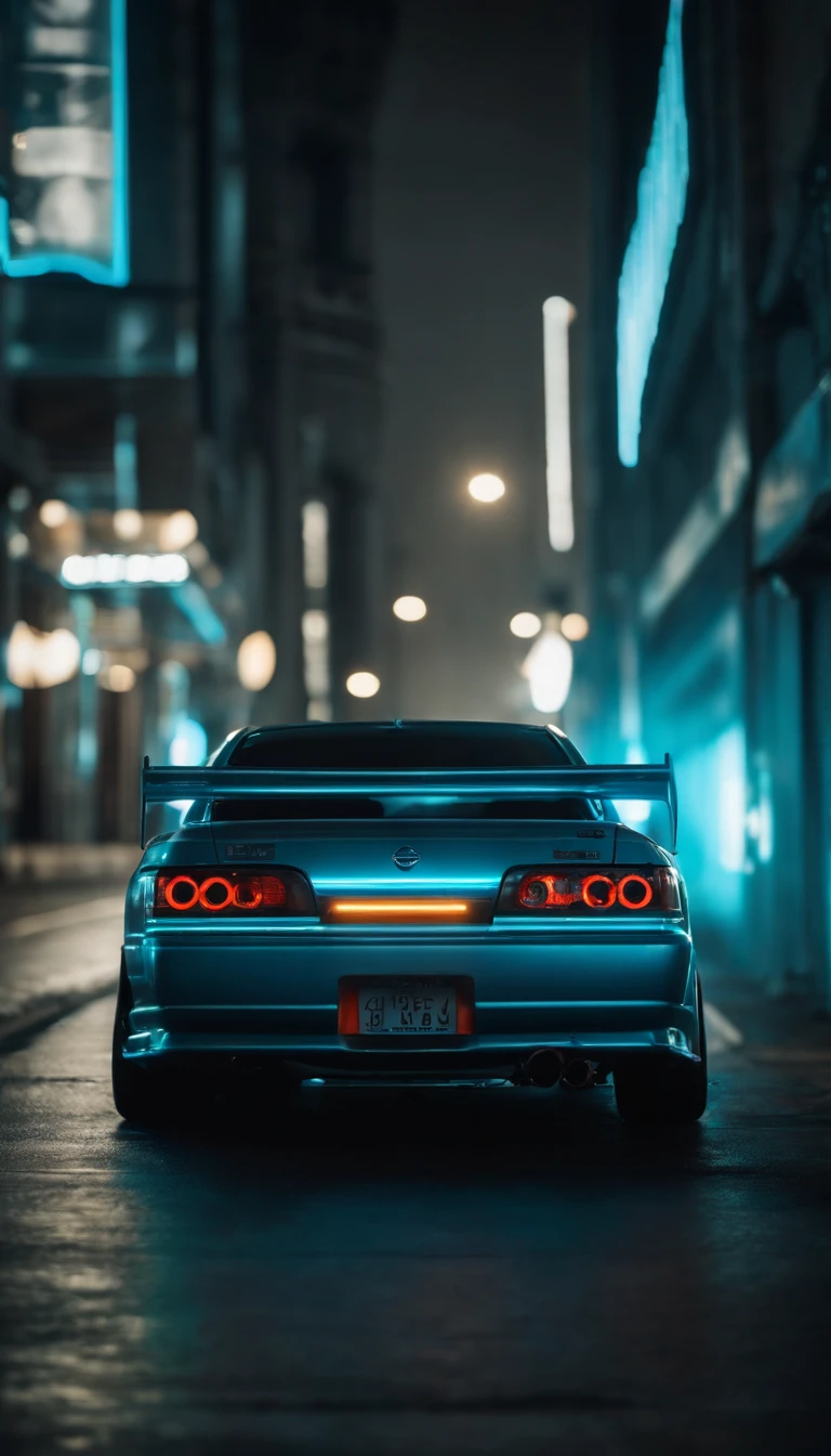 A 1999 Nissan Silver R33 lowered wide body, car body molded as if it was in the movie Tron legacy, Blue LED strips light up all the body lines of the car, night city background, motion blur, a close up of a car with a glowing blue stripe on the hood, tron, glowing neon vray, cyan headlights, black and cyan color scheme, futuristic neon, cyan lightning, black neon lights, teal neon lights, colors of tron legacy, stylized neon, dark neon lighting, light cyan, neon dark lighting, neon-noir background