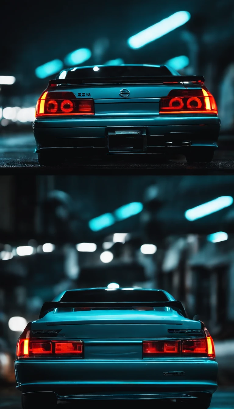 A 1999 Nissan Silver R33 lowered wide body,  car body molded as if it was in the movie Tron legacy, Blue LED strips light up all the body lines of the car, night city background, motion blur, a close up of a car with a glowing blue stripe on the hood, tron, glowing neon vray, cyan headlights, black and cyan color scheme, futuristic neon, cyan lightning, black neon lights, teal neon lights, colors of tron legacy, stylized neon, dark neon lighting, light cyan, neon dark lighting, neon-noir background