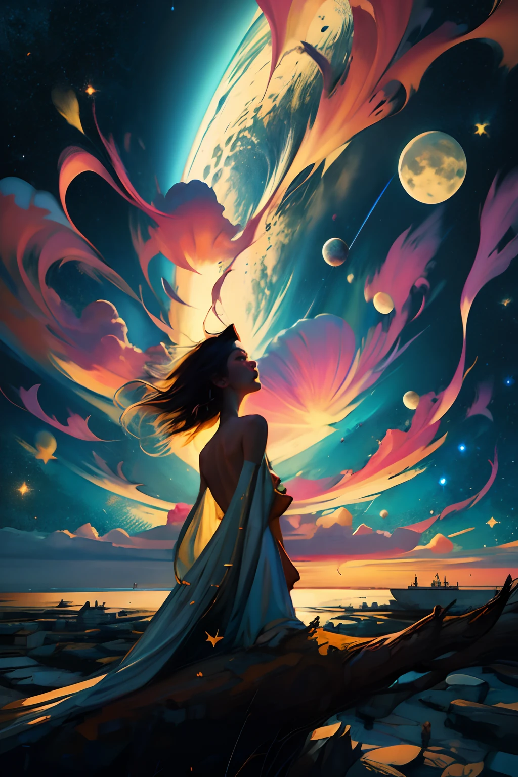 a painting of a girl reaching up to a star filled sky, inspired by Cyril Rolando, with stars, in style of cyril rolando, with the sky full of stars (five pointed stars), girl looks at the space, beautiful face, happy, colorful dreamy art, makoto shinkai cyril rolando, dreamlike digital painting, vibrant dreamy psychedelic anime, dreamy illustration, cyril rolando and goro fujita