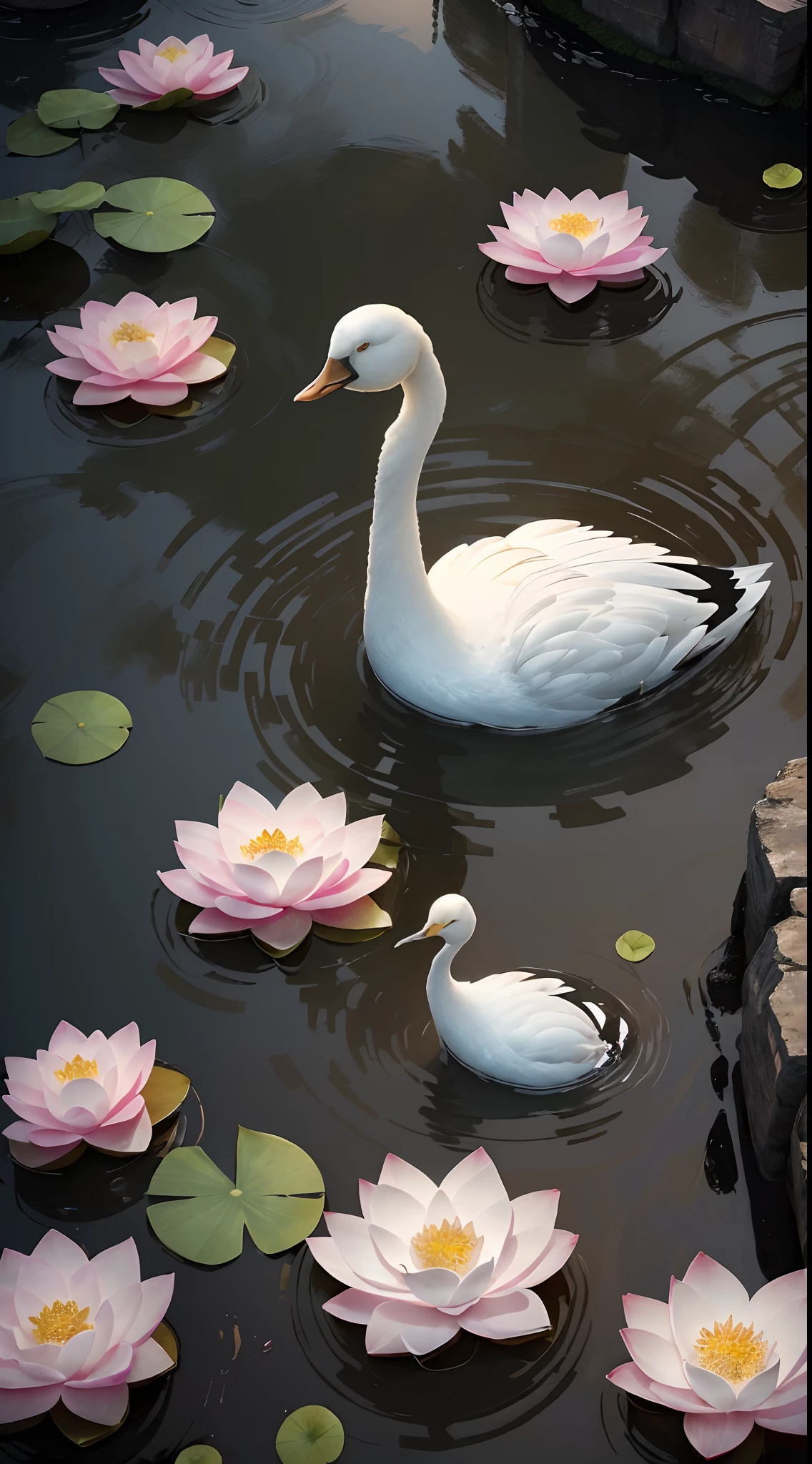 (Composition, Illustration, faraway shot) faraway shot, A lotus flower blooming((pure, one blossom, starting to wither, floating on river)), ancient china, river, chinese snow goose on the river, beautiful, elegant, super intricate, ultra detailed, best quality, 8k uhd, high resolution