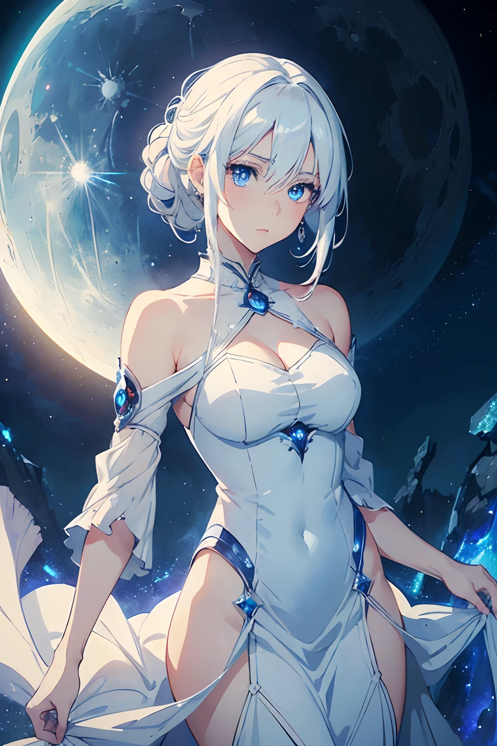 ((masterpiece, best quality)), ((anime girl in the moon background, blueish lighting, dramatic lighting)) (1girl), (solo), (female focus, mature, goddess, moon goddess), (white hair),sparkling eyes, blue eyes,((elegant, long dress)), evil, vicious, portraits, close up, upper body