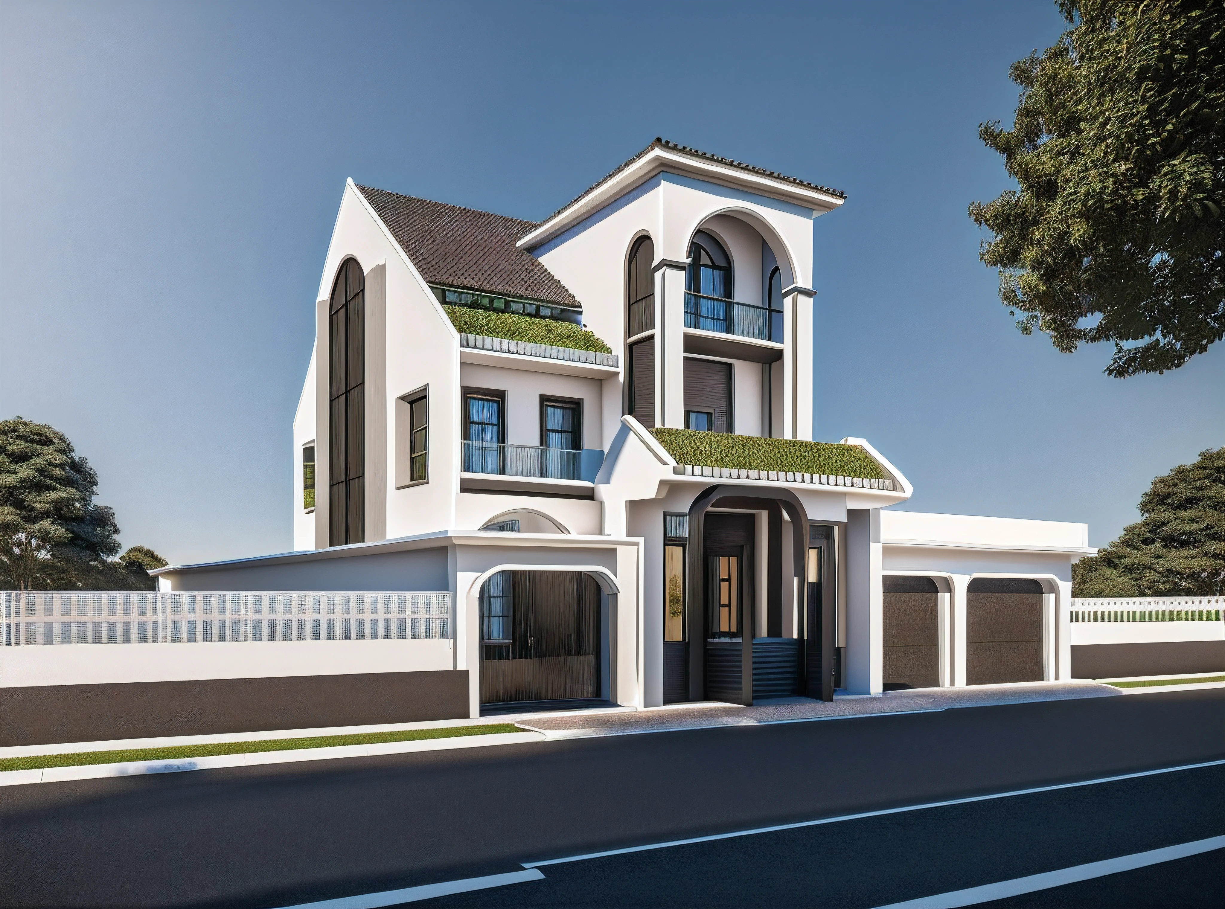 ((masterpiece, best quality, real, best quality, masterpiece:1.2), look morden minimalist, 1 road in front of the house, shime ring light, light brighteness from indoor:1.2, dynamic lighting:1.3, (hyper realistic, photo-realistic:1.2), high quality, (dark lighting:1.2), perfect lighting, archdaily, 8k, modern architecture, photorealism, ultra-detailed photo, 1 morden house, main material by white wall and hard stone, large yard, 1 road runs in front of the house, Blue sky, trees tropical, 3dmax render
