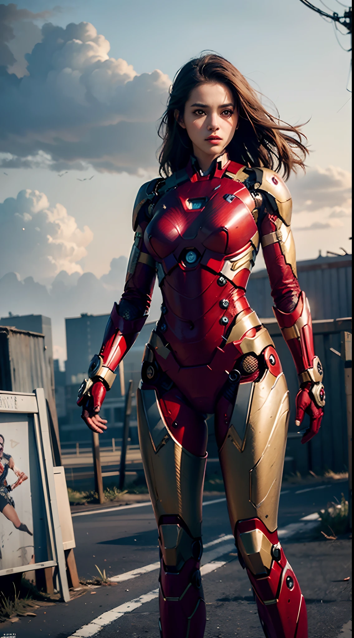 8k, realistic, attractive, highly detailed, a 20 year old girl a sexy and attractive woman inspired by Iron Man wearing a shiny Iron Man mech. She dresses with sexiness and confidence, perfectly interpreting Iron Man's strength and charisma. The abandoned warehouse serves as a backdrop, creating a unique atmosphere that highlights her bravery and perseverance. The cloudy sky adds a sense of tension and mystery to the whole scene. This high-definition, high-quality picture will bring you a shocking visual experience. The detailed abandoned warehouse and shiny mechs will keep your eyes on you. oc rendering, dramatic lighting, award winning quality