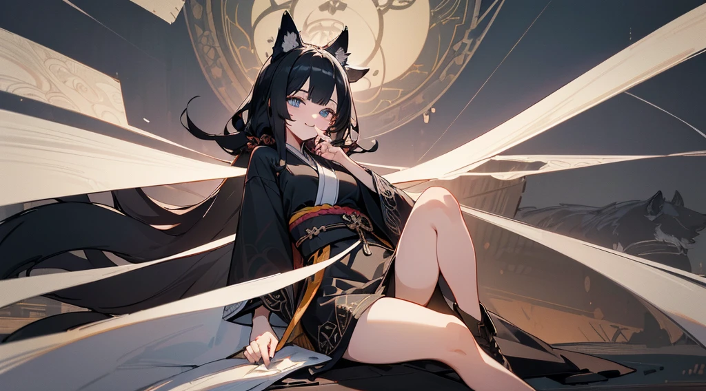 (extremely detailed CG unity 8k wallpaper), (((ultra-detailed))), ((extremely detailed)), (((best illustration))), best illumination, ((extremely delicate and beautiful)), ((an extremely delicate and beautiful girl)), sunset, Tokyo, modern city, ((1 girl, solo)), {{finely detailed beautiful eyes and detailed face}}, smug expression, smile, long hair, (((black hair))), blue eyes, beautiful detailed eyes, slender, medium breast, black white wolf ears, (black white wolf tail), (((intricate details))), (Black long kimono dress), short black boots, wolf standing beside the girl, (((wolf mark on middle right thigh))), sitting, bishoujo, _yeld,