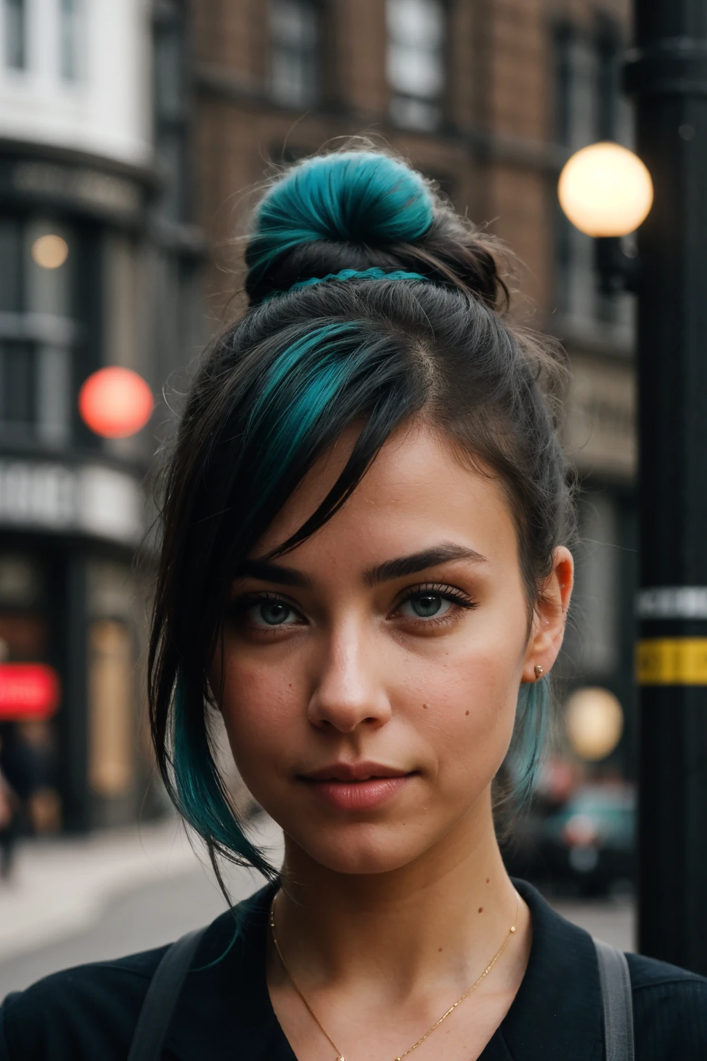 A eye contact of a turquoise haired girl with a bun and a dark theme, cuerpo completo, completamente dentro del plano. tetas grandes. en las calles de londres soho