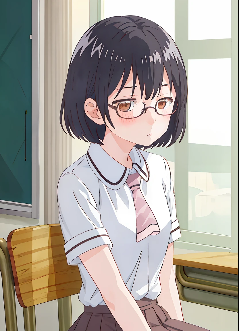 best quality, masterpiece, highres, solo, {kasumi_nomura_asobiasobase:1.15}, black_hair, glasses, short_hair, necktie, brown_eyes, 1girl, from_behind, school_uniform, shirt, upper_body, sitting, cowboy shot, blush,