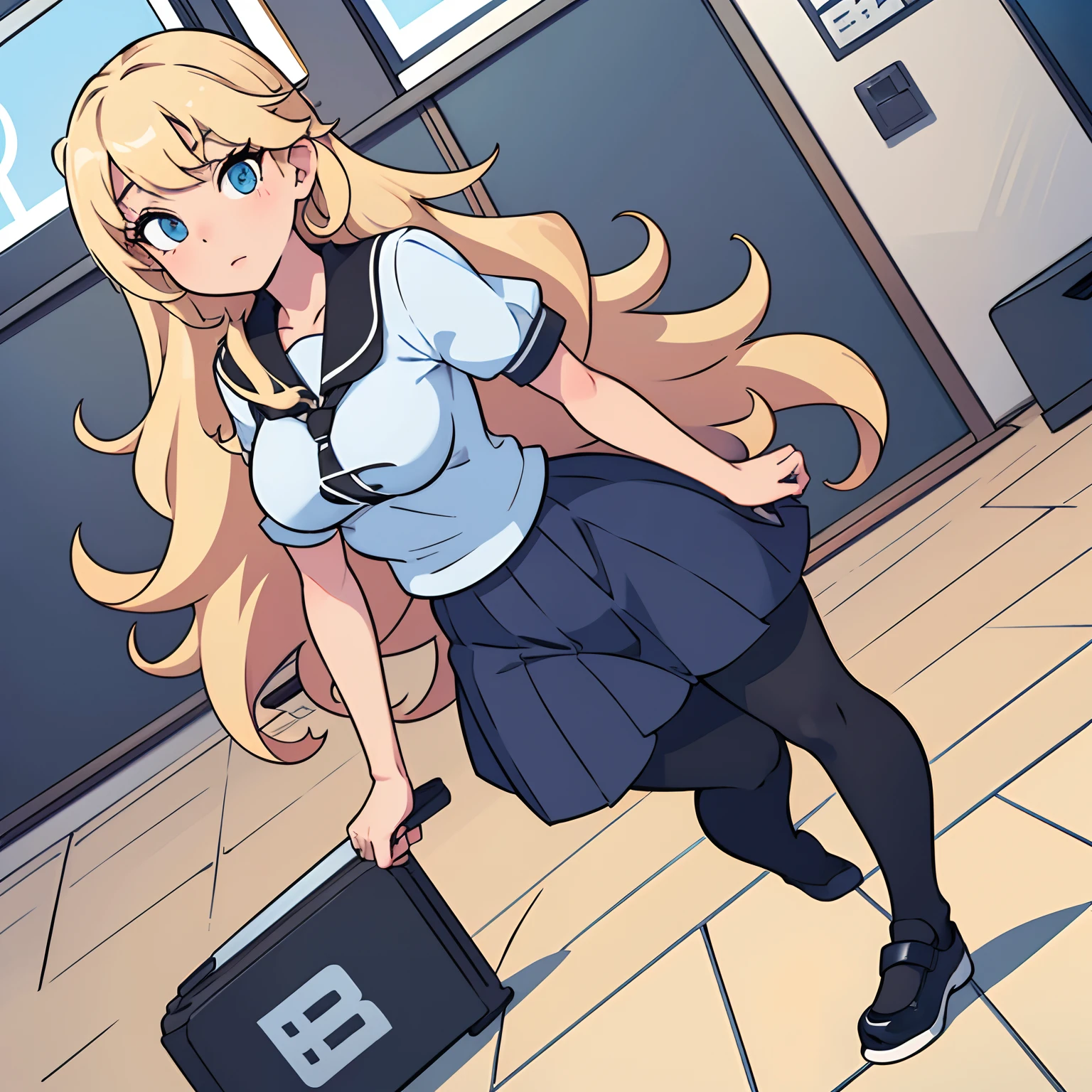 2D Cartoonish-pixar, Disney style, cartoon, white blonde woman with blue eyes, big boobies, black japanese school uniform clothes, blonde woman, full body, photo full body. School girl style. In school scenario. Solo. Long hair, curly hair. Normal pose. Full clothes. School scenario.