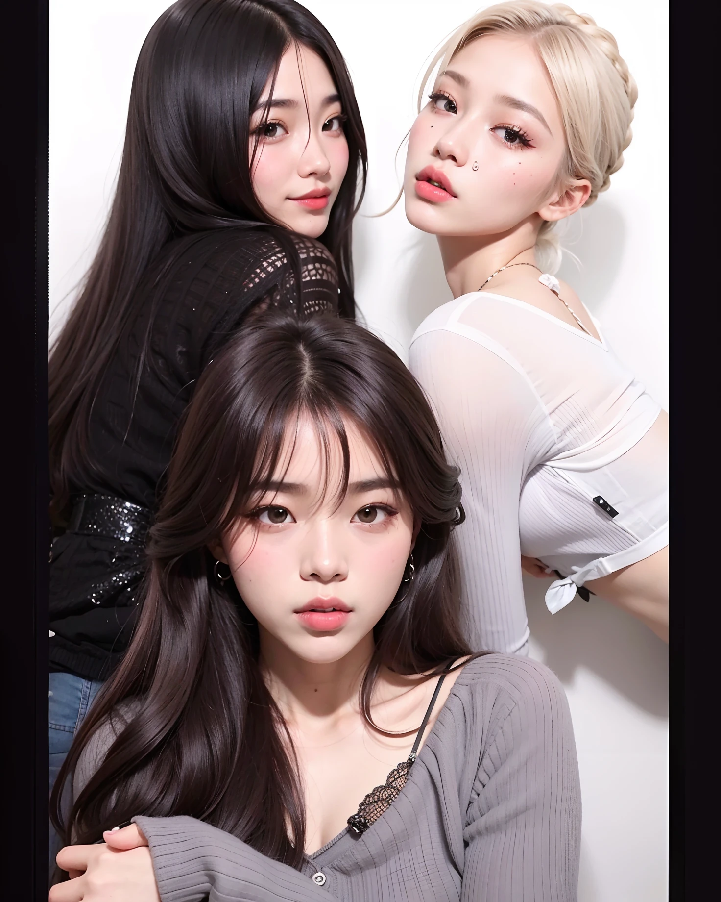 Three young people posing for a painting in front of a white wall, Ulzzang, rosa preto, maquiagem sul-coreana popular, korean face features, Jimin\Plump lips, maquiagem coreana popular, duas vezes, cabelo blackbangs cabelo, cabelo whitebangs cabelo, com preto, whitebangscabelo negro, preto branco rosa, jennie rosa preto, Sakimichan, 韓国アイドル