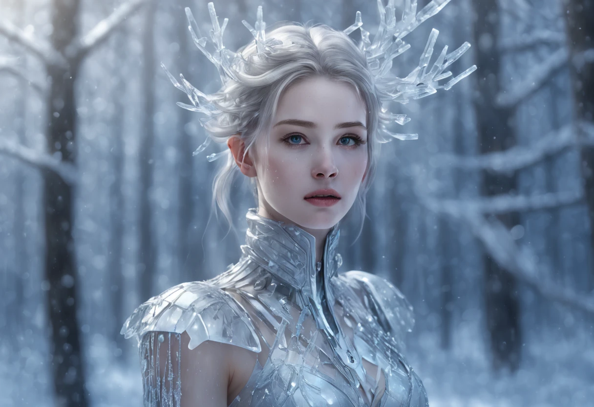 Futuristic transparent mechanical girl standing in a snowy forest, Arte conceitual de inverno, Snow and ice forest,Each branch is covered with sparkling ice crystals,They resemble countless diamonds,Shine brightly,The branches of the trees seem to be embedded in the snow and ice,A forest of ice and snow was formed, These ice crystals are exposed to sunlight,glittery,It was as if all the stars in the sky had fallen to the earth,Ice Mage, 4K fantasy art, 4K detailed digital art, ·, 4k highly detailed digital art, artgerm detailed, Ice crystal armor,dyna,lute,hdr,hyperrealistic fantasy art,Epic digital fantasy art style,Beautiful sci-fi art, Science-fi digital art illustration,science fiction digital painting, futuristic digital painting, futuristic concept art, In front of a landscape of snow-capped sci-fi pine trees and ice flowers, science fiction digital art, Fantastic transparent ethereal girl