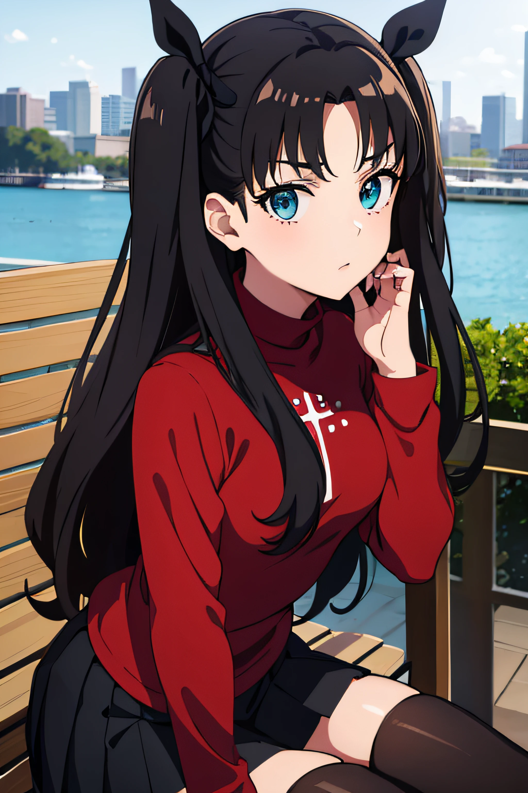 (masterpiece), best quality, expressive eyes, perfect face, 1girl, solo, rintohsaka, rin tohsaka, aqua eyes, black hair, hair ribbon, long hair, ribbon, sidelocks, two side up, black skirt, black thighhighs, long sleeves, miniskirt, pleated skirt, ((red sweater)), skirt, sweater, thighhighs, turtleneck, city background, sitting, character sheet, upper body, portrait, looking at viewer