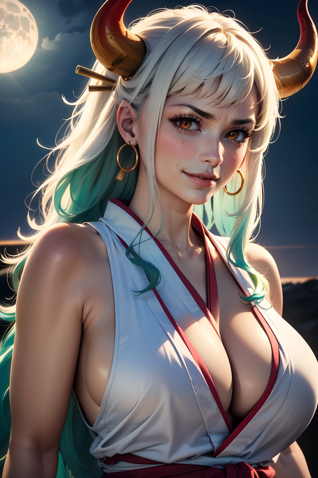 ultra realistic 8k cg, masterpiece, ((ultra detailed background, delicate pattern, intricate detail)), (highly detailed, fine details), best quality, (photorealistic:1.4),beautiful lighting,  absurdres, RAW photo, film grain, ((Big breasts, Masculine girl)), Yamato, long hair, 1girl, horns, white hair, solo, oni, red horns, curled horns, hair ornament, (multicolored horns), jewelry, earrings, japanese clothes, kimono, hair stick, sleeveless, bare shoulders, aqua hair, sidelocks, hoop earrings, hakama, smile, wide smile, ((orange eyes, Masculine girl, Big breasts)), (complex detailed background, barren land, moon, portrait, close-up),