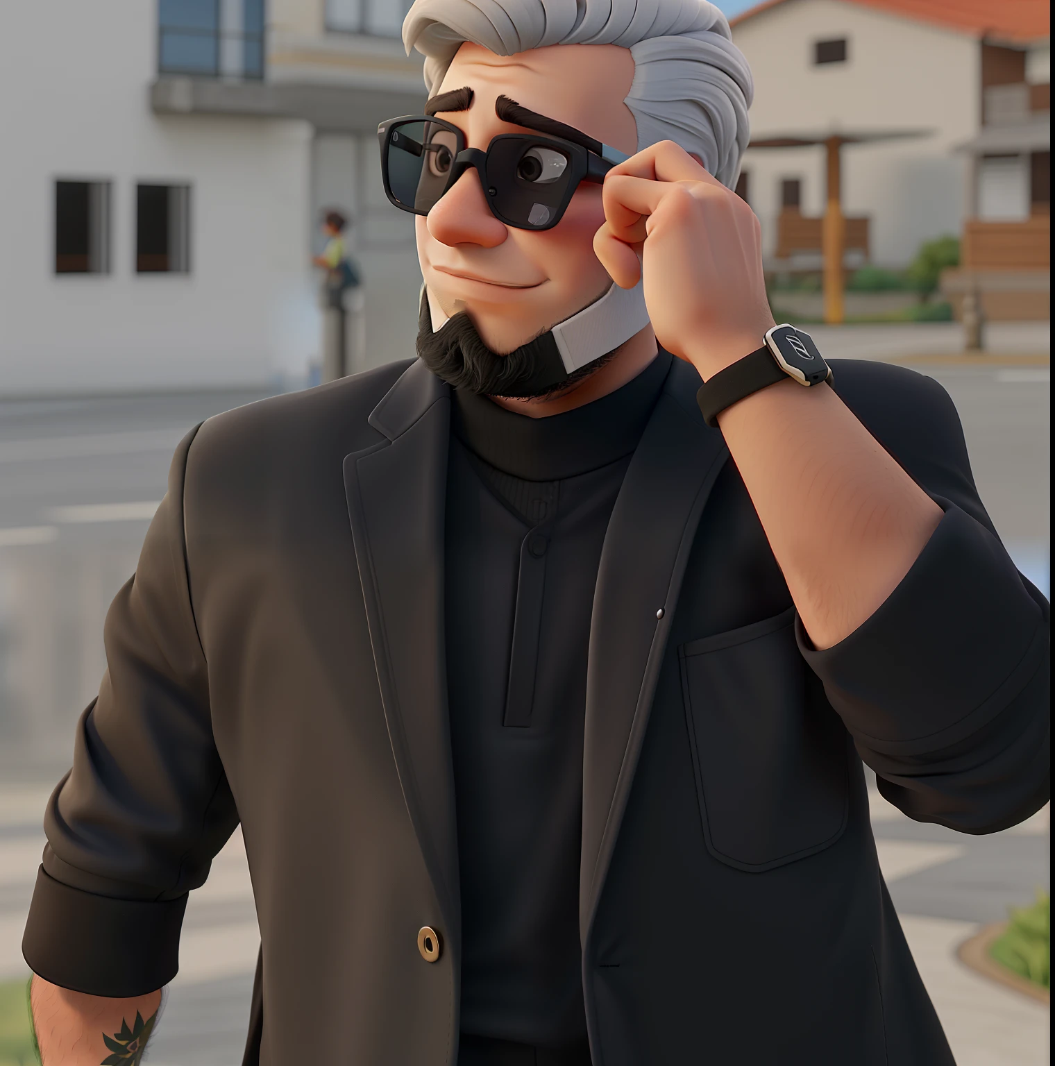 Um jovem parado na frente, usando oculos e blaser preta, contra o pano de fundo de uma cidade