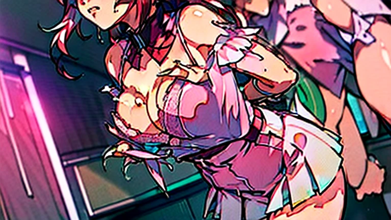 Meilin Hawk、Twin-tailed red hair、Beautiful eyes、very large udder、huge tit、爆乳、(Lots of men、Male molesters)、(((( Lots of men behind Meiling Hawk、Lots of male hands grabbing Meiling Hawk's chest、Lots of men's hands undressing Meiling Hawk、A man grabs Meiling Hawk's chest from behind、Touching the chest、Another man undresses Meiling Hawk、Lace bra with light pink ruffles that dew、Light pink bra shoulder straps、Another man slides Meiling Hawk's bra upwards、Breasts exposed from the bra、Beautiful light pink nipples that become dew、Beautiful light pink areola、Another man lifts Meiling Hawk's skirt、Light pink lace panties that dew from the skirt、 ))))、beauty legs、natta、Control room、blushed face、Moist eyes、Mouth distorted in shame、