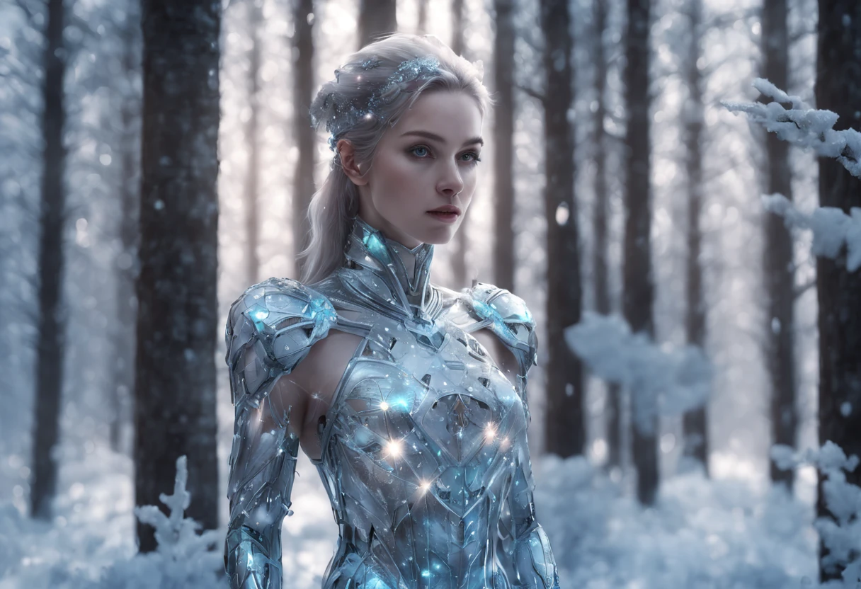 Futuristic transparent mechanical girl standing in a snowy forest, Arte conceitual de inverno, Snow and ice forest，Each branch is covered with sparkling ice crystals，They resemble countless diamonds，Shine brightly，The branches of the trees seem to be embedded in the snow and ice，A forest of ice and snow was formed， These ice crystals are exposed to sunlight，glittery，It was as if all the stars in the sky had fallen to the earth，Ice Mage, 4K fantasy art, 4K detailed digital art, ·, 4k highly detailed digital art, artgerm detailed, Ice crystal armor，dyna，lute，hdr，hyperrealistic fantasy art，Epic digital fantasy art style，Beautiful sci-fi art, Science-fi digital art illustration,science fiction digital painting, futuristic digital painting, futuristic concept art, In front of a landscape of snow-capped sci-fi pine trees and ice flowers, science fiction digital art, Fantastic transparent ethereal girl