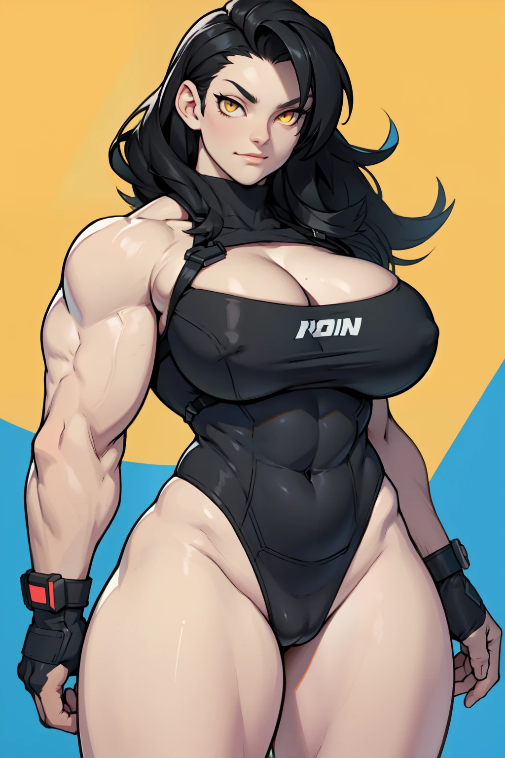 solo muscular thick thighs huge breasts black hair yellow eyes pale skin