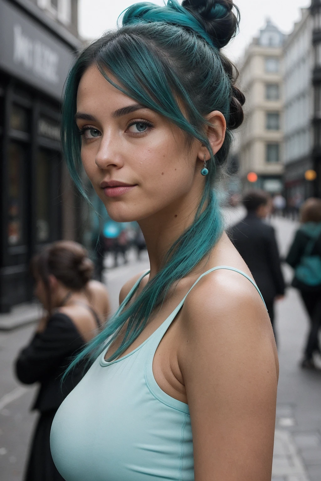 A eye contact of a turquoise haired girl with a bun and a dark theme, cuerpo completo, completamente dentro del plano. tetas grandes. en las calles de londres soho. Vestida de forma elegante