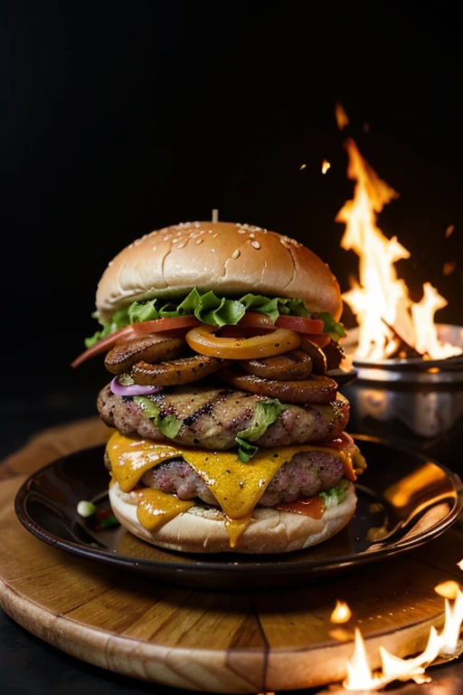 a spicy burger busting into flame with fiery heat and flavor, dark slade table, dark background