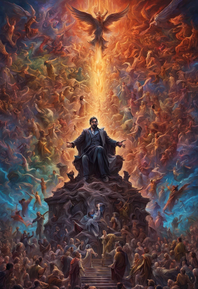 Lucifer talk in a pile of corpses, Fantasy, complicated, elegant, Highly detailed, centered, symmetry, painting, complicated, Volumetric lighting, gorgeous, A masterpiece of deep, intense colors, Sharp focus, Ultra detailed, not Dan Mumford style e Mark Simonetti, astrophotography, Rainbow