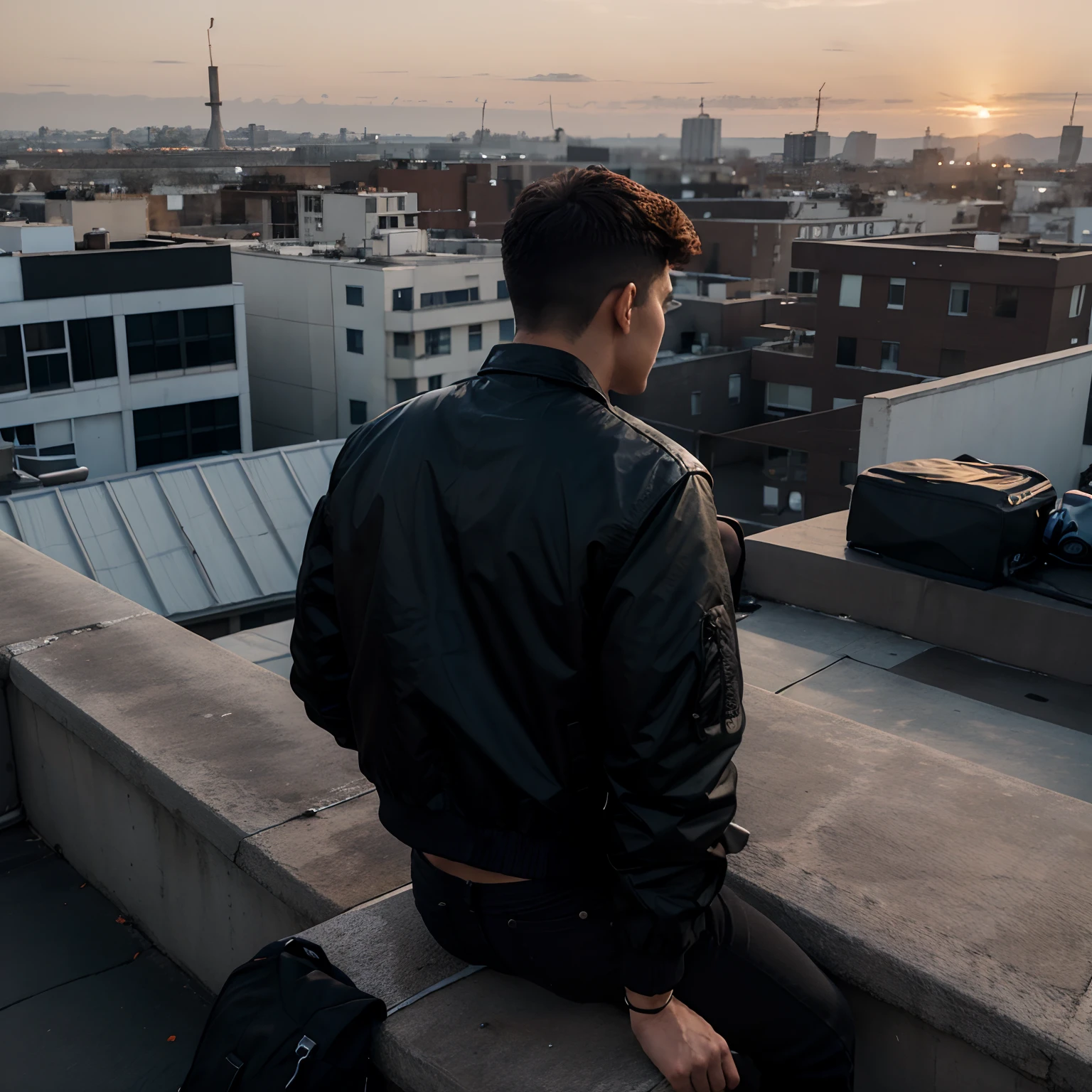 Make a guy wearing jacket and black jeans sitting on a rooftop view from his back facing towards sunrise
