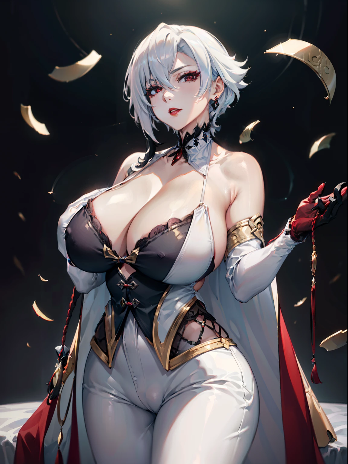 Good quality, 2D, mature woman, only 1woman, gorgeous face, white skin, huge boobs, beautiful, red lips, eyeshadow, eyeliner, arlecchino from genshin impact, white hair, short hair, red eyes, black pants, white coat, black gloves