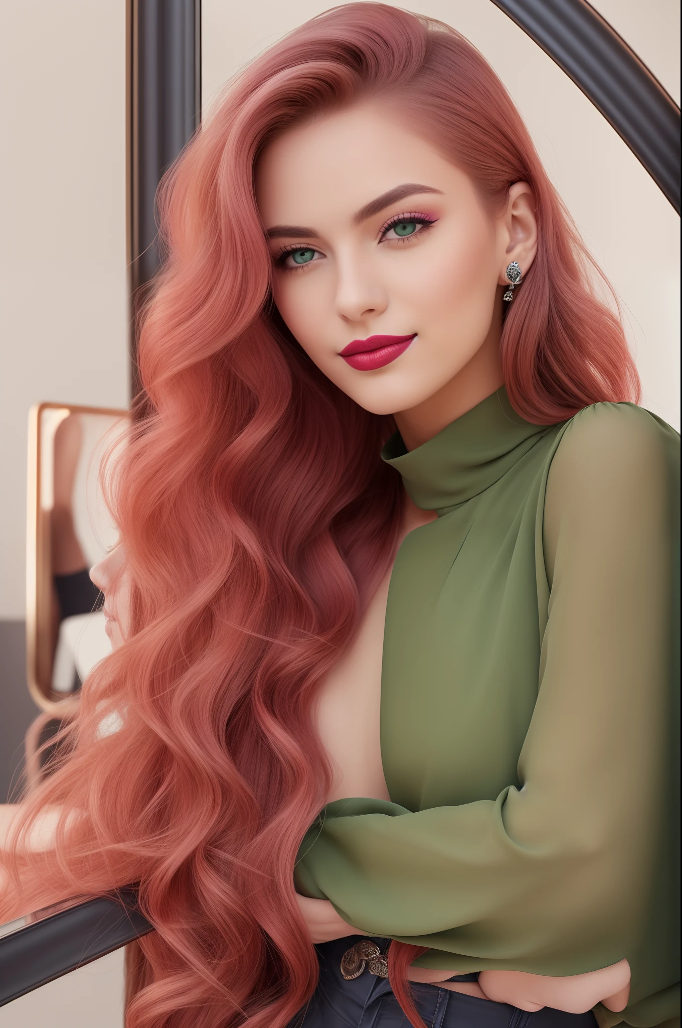 She generates an image of a young, European-looking Instagram model with a pale complexion and bright red hair that falls in soft waves down her shoulders. Her face is perfectly made up with pink lipstick tones and subtle eye shadows that highlight her green eyes. The model is in a natural pose, looking directly at the camera with an enigmatic expression and a subtle smile on her lips. She is dressed in current fashion clothing, wearing a stylish designer dress and accessories such as designer sunglasses. The background is an elegant photo studio with soft lighting that highlights her features and creates delicate shadows. The model holds a designer bag in one hand and a stylish coffee in the other. The environment consists of fashion-related elements, such as clothes on hangers and a dressing table with a mirror. The resulting image should have a hyper-realistic quality with special attention to detail in hair, makeup and clothing, and lighting that enhances her beauty and style. --auto --s2
