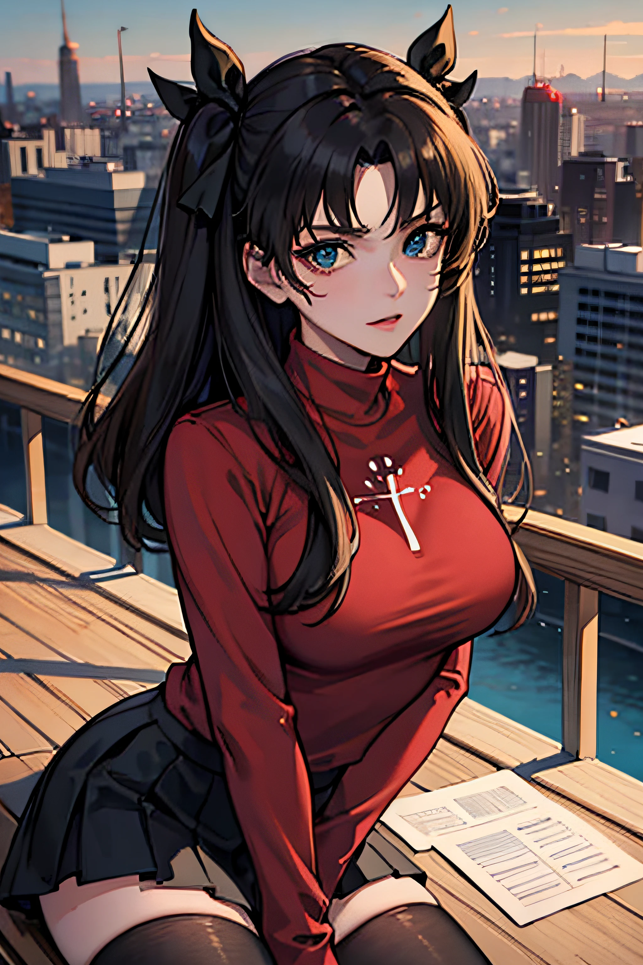 (masterpiece), best quality, expressive eyes, perfect face, 1girl, solo, rintohsaka, rin tohsaka, aqua eyes, black hair, hair ribbon, long hair, ribbon, sidelocks, two side up, black skirt, black thighhighs, long sleeves, miniskirt, pleated skirt, ((red sweater)), skirt, sweater, thighhighs, turtleneck, city background, sitting, character sheet, upper body, portrait, looking at viewer
