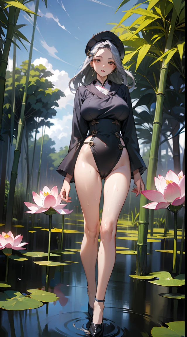 1female，35yo，熟妇，long leges，Big breasts Thin waist，Slim，huge-breasted ，Pornographic exposure， 独奏，（Background with：bamboo forrest，lotuses，lotus flower，exteriors，Lotus pond） She has short silver-white hair，standing on your feet，Sweat profusely，drenched all over the body，seen from the front， hair straight， mostly cloudy sky，（（（tmasterpiece），（Very detailed CG unity 8K wallpaper），best qualtiy，cinmatic lighting，detailed back ground，beatiful detailed eyes，Bright pupils，Black eyes，（Very fine and beautiful），（Beautiful and detailed eye description），ultra - detailed，tmasterpiece，）），facing at camera，A high resolution，ultra - detailed），revealing breasts，Bare genitalia， Bulge，legs are open，Raised sexy，Camel toes，Flushed complexion，Open-mouthed，frontage，high school senior，Sailor's cap（Wearing：Chinese Ancient Times，Sailor uniform，high-heels）Full body photo，