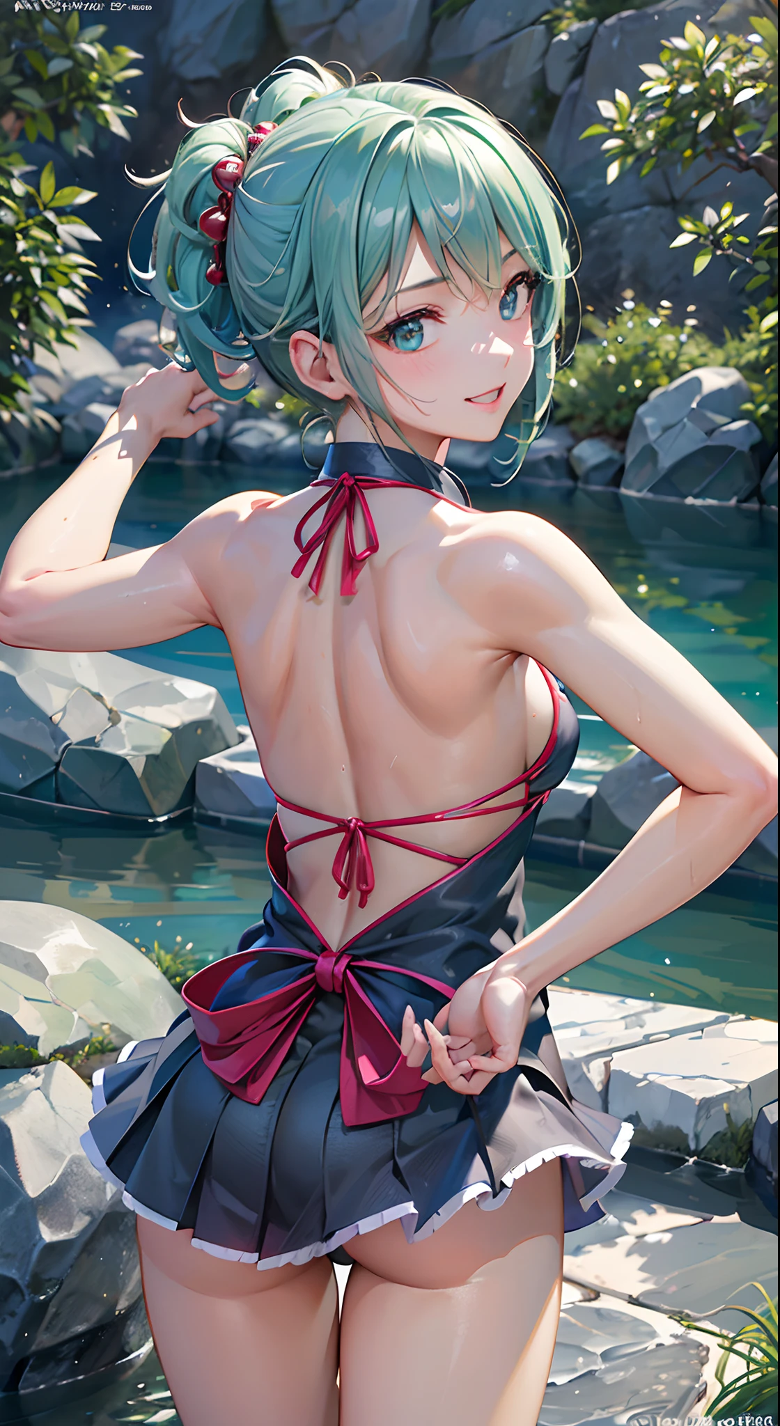 One lady,ar old,anes,(((maikurobikini))),Upper body portrait,((Natural smile)),Clothes are wet(((aqua)))High quality, detail, Depth and finesse。stares at the camera。Use of fisheye lenses、Beast hairstyle ban、Maintain finger shape、impact-resistanthigh-quality, detail, Depth and 3D effects。Worthy of 16k wallpapers。The texture of the material changes.、Realistic expression.。Official art。Natural light,((Realism: 1.2)), dynamic far view shot,Cinematic lighting, Perfect composition, by sumic.Has a small, ultra-detailliert, Official art, masutepiece, (Best Quality:1.3), glint, Highly detailed CG Unity 16K wallpaper, Detailed background, masutepiece, Best Quality, (masutepiece), (Best Quality:1.4), (超A high resolution:1.2), (hyper realisitic:1.4), (Photorealistic:1.2), Best Quality, High quality, hight resolution, Detail Enhancement,(((Look back and look back)))