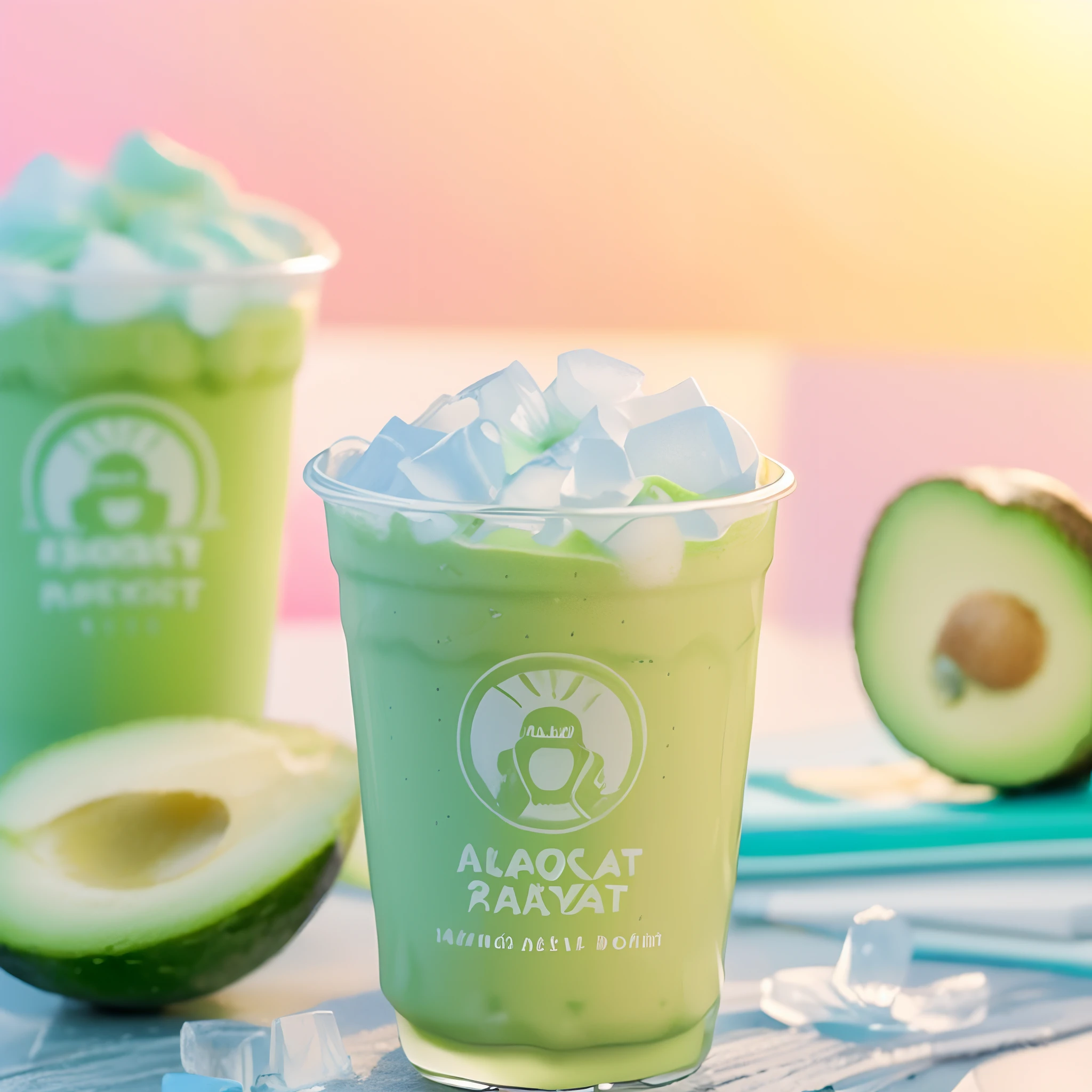 ((16oz plastic cups)), fresh avocado milkshake drink with ice cube, summer theme, ultra high res.photorealistic:.1.4,UHD