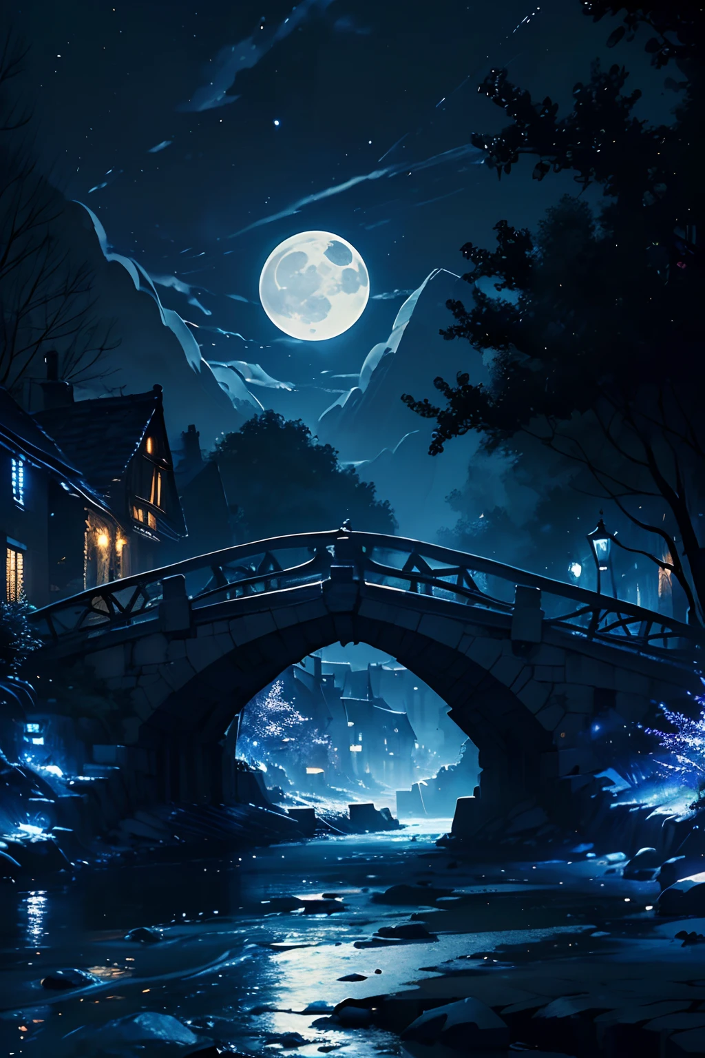((masterpiece, best quality)), ((the village, under the moonlight, bridge, river, dark ambience, blueish lighting, dramatic lighting))