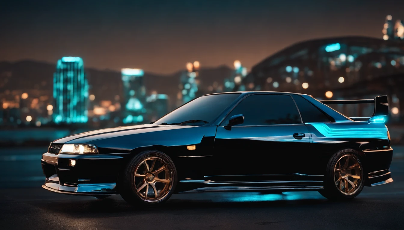 A 1999 Nissan Silver R33 lowered wide body,  car body molded as if it was in the movie Tron legacy, Blue LED strips light up all the body lines of the car, night city background, motion blur, a close up of a car with a glowing blue stripe on the hood, tron, glowing neon vray, cyan headlights, black and cyan color scheme, futuristic neon, cyan lightning, black neon lights, teal neon lights, colors of tron legacy, stylized neon, dark neon lighting, light cyan, neon dark lighting, neon-noir background