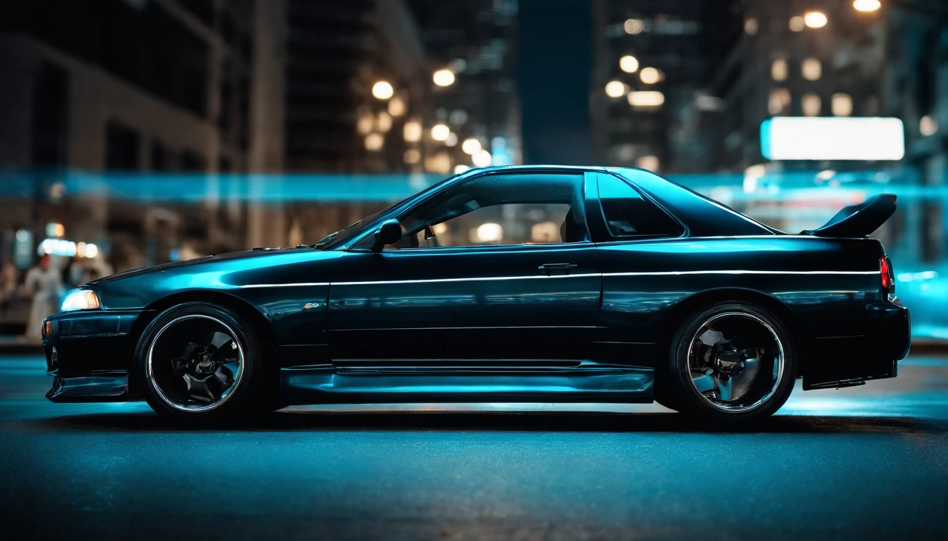 A 1999 Nissan Silver R33 lowered wide body, car body molded as if it was in the movie Tron legacy, Blue LED strips light up all the body lines of the car, night city background, motion blur, a close up of a car with a glowing blue stripe on the hood, tron, glowing neon vray, cyan headlights, black and cyan color scheme, futuristic neon, cyan lightning, black neon lights, teal neon lights, colors of tron legacy, stylized neon, dark neon lighting, light cyan, neon dark lighting, neon-noir background