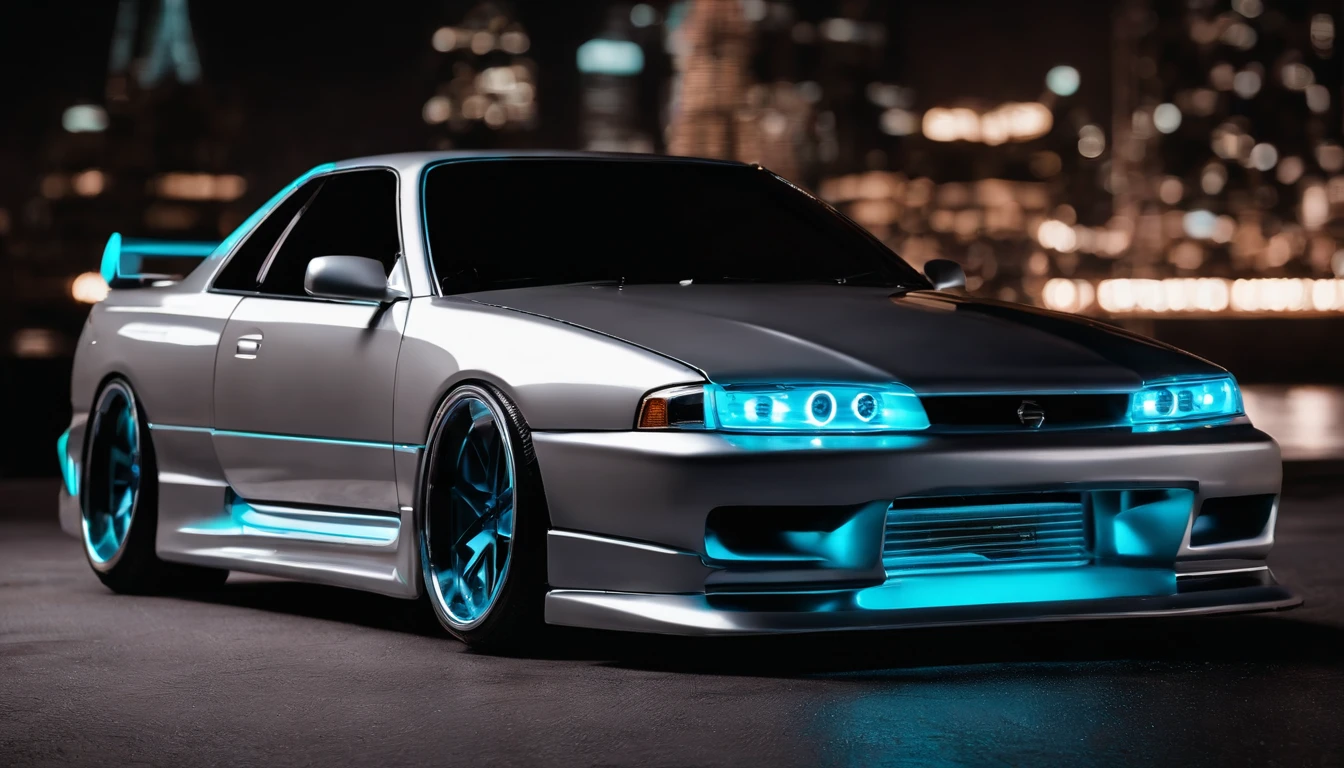 A 1999 Nissan Silver R33 lowered wide body, car body molded as if it was in the movie Tron legacy, Blue LED strips light up all the body lines of the car, night city background, motion blur, a close up of a car with a glowing blue stripe on the hood, tron, glowing neon vray, cyan headlights, black and cyan color scheme, futuristic neon, cyan lightning, black neon lights, teal neon lights, colors of tron legacy, stylized neon, dark neon lighting, light cyan, neon dark lighting, neon-noir background