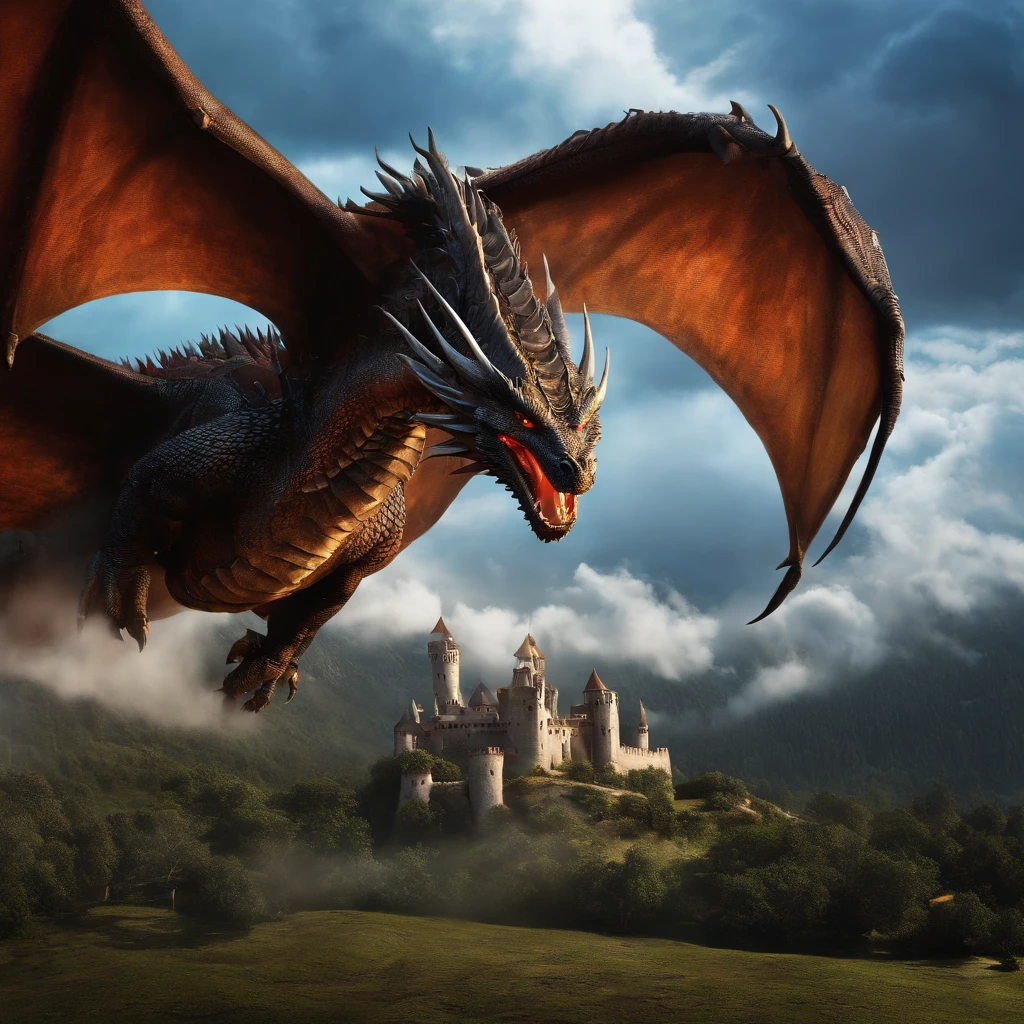 A large dragon with many spikes and sparkling scales all over its body flew up to the highest tower of the castle.. Soon, Behind the Walls, noise was heard from the flapping of its huge wings and gusts of heat. "That evil dragon again", - thought the princess and pulled the hem of her dress.. "Only his fucking was no longer there. sucks", - she said gritting her teeth and resolutely went out onto the small balcony of her tower.